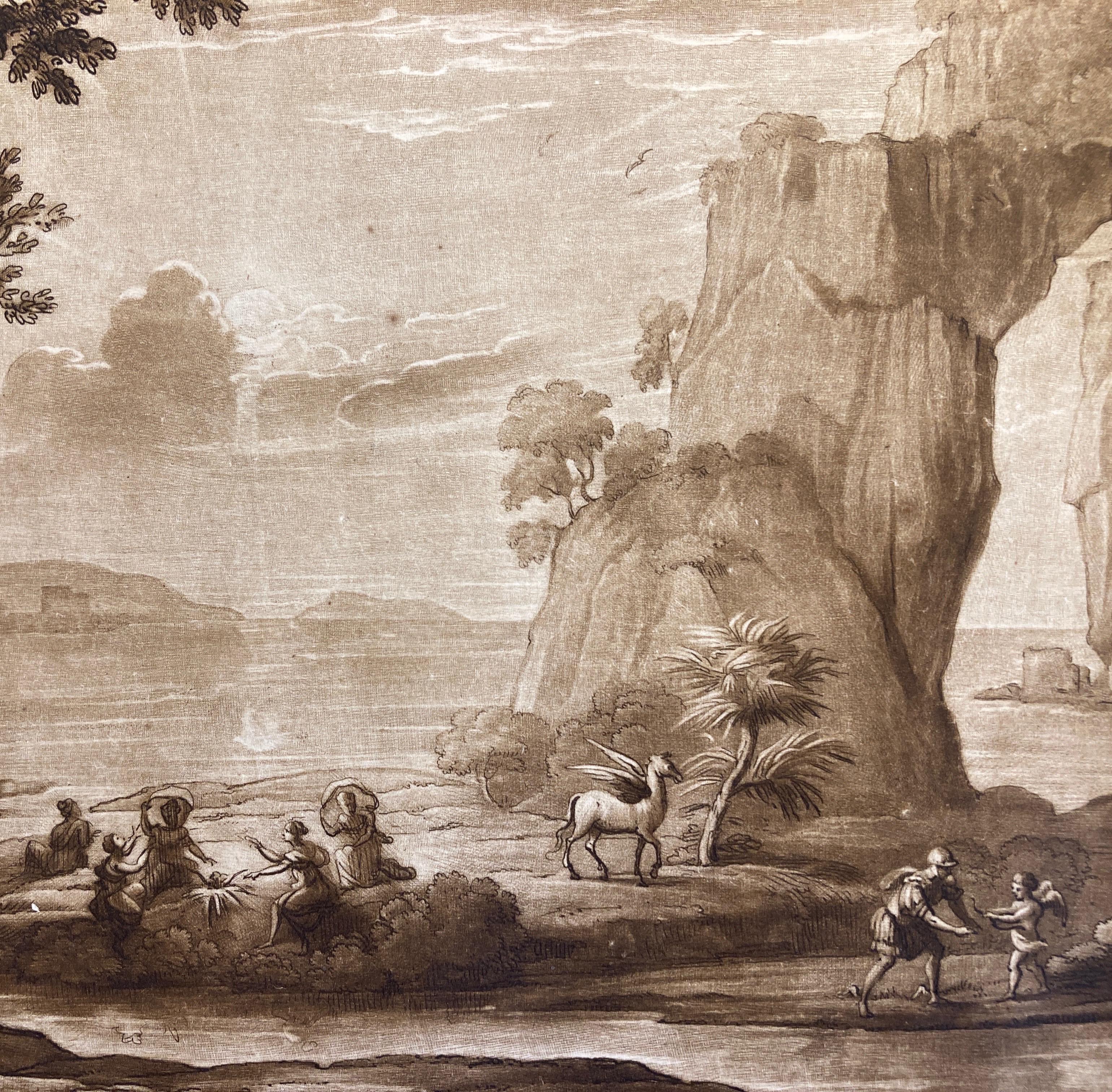 Claude Lorrain Landschaft mit Hermes und den Museen, Aquatinta von Richard Earlom – Art von (after) Claude Lorrain (Claude Gellée)