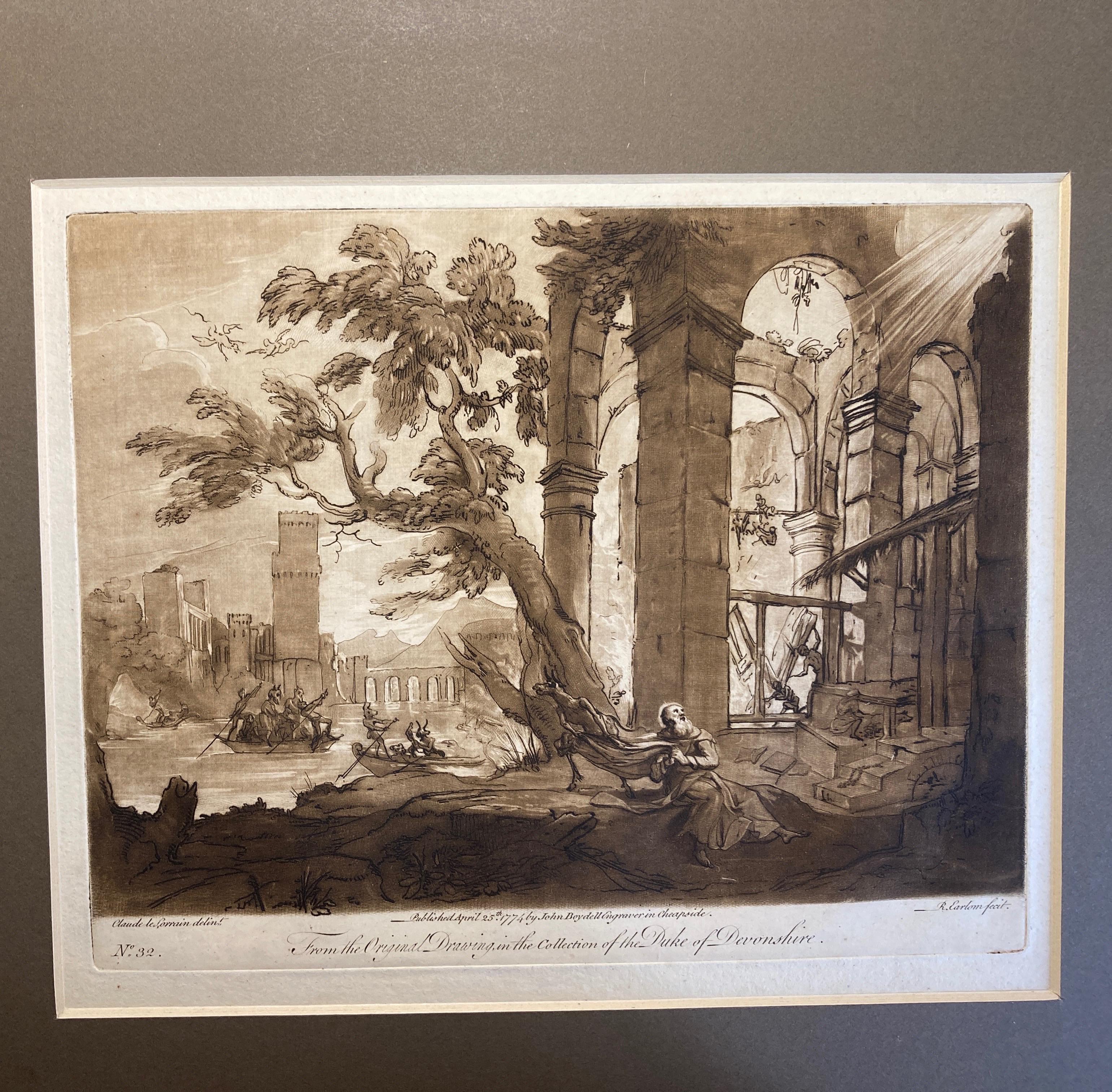 Claude Lorrain Landschaft mit der Versuchung des Heiligen Antonius, Aquatinta von Earlom im Angebot 4