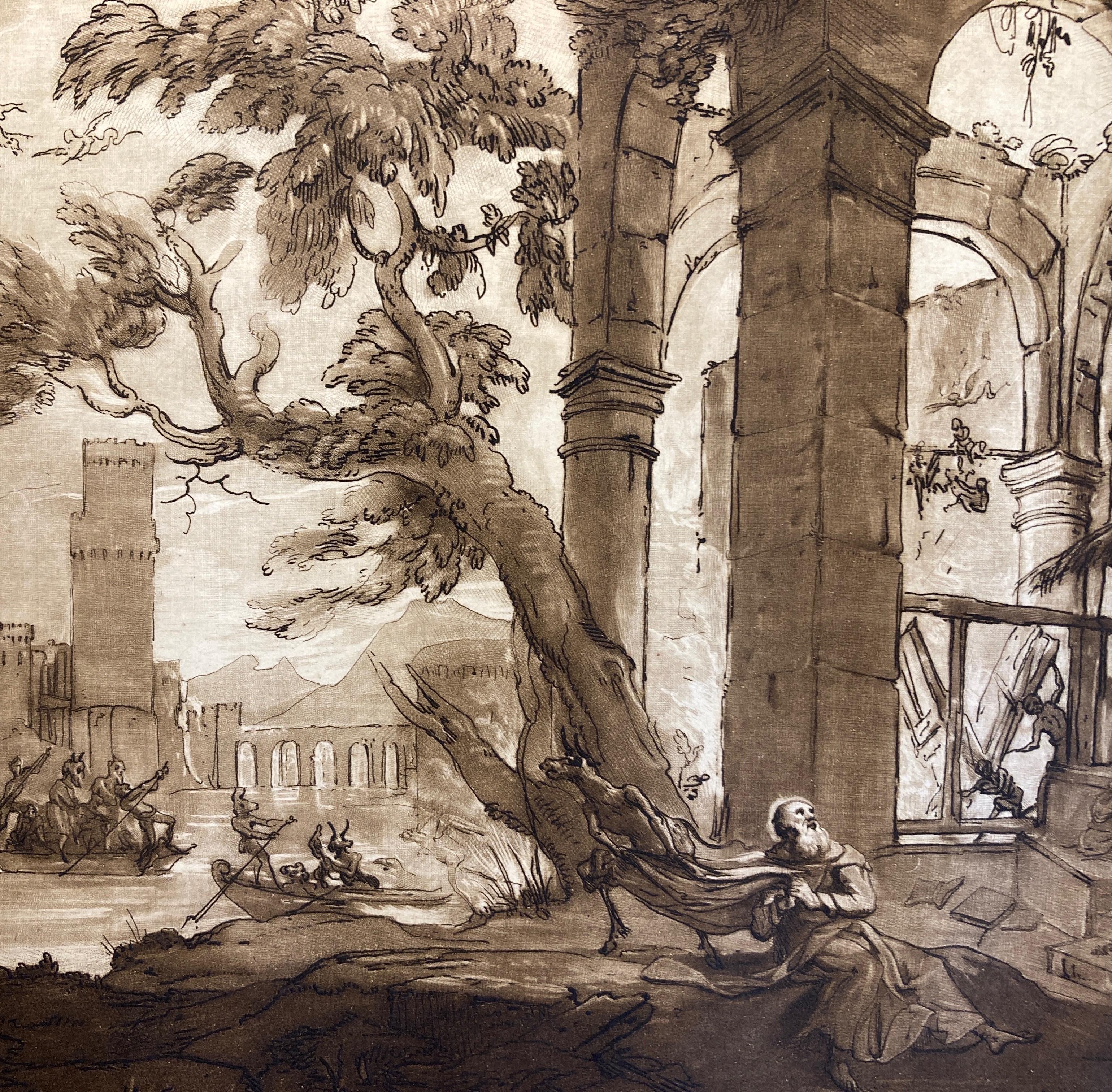 Claude Lorrain Paesaggio con tentazione di Sant'Antonio, acquatinta di Earlom