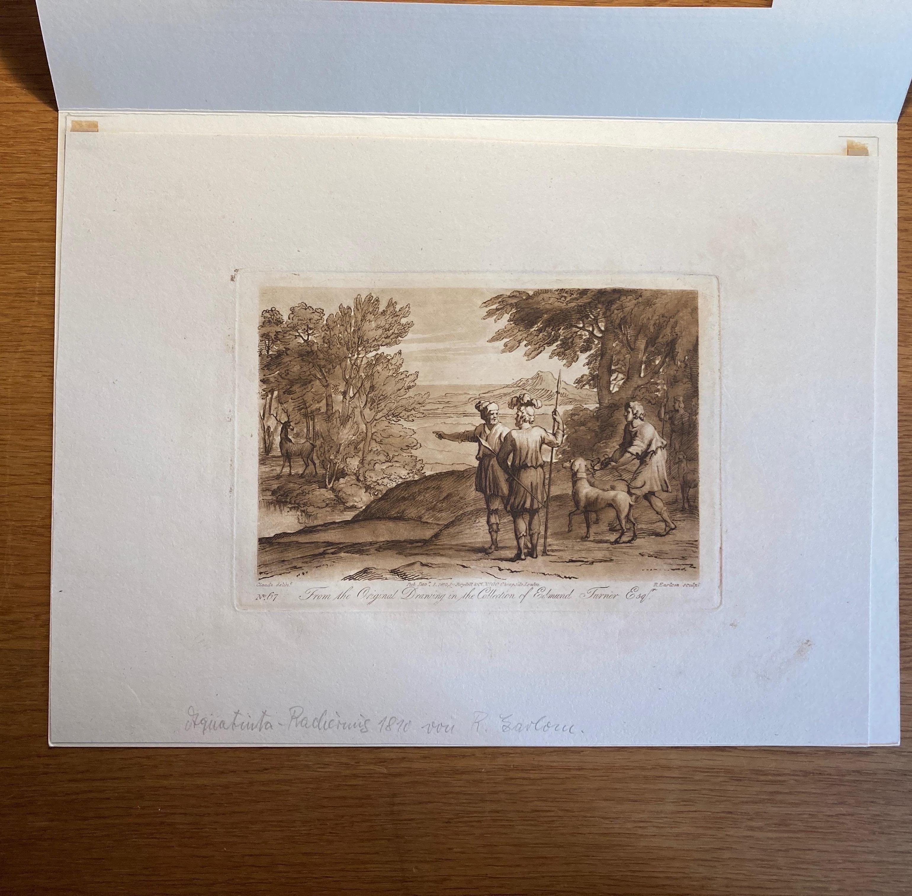 Paysage de Claude Lorrain. Richard Earlom aquatinte c1810
par Lorrain, Claude le/Earlom, Richard

Campagne avec des chasseurs et un cerf, par Richard Earlom d'après Claude Lorrain.

Gravure sépia de Richard Earlom d'après un dessin de Claude le