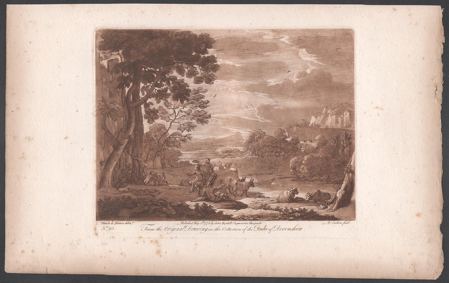 Paysage italien, mezzo-tinte de Richard Earlom d'après Claude le Lorrain - Print de (after) Claude Lorrain (Claude Gellée)