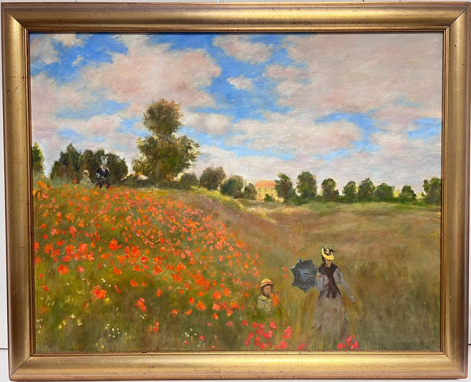 Familia paseando por un campo de amapolas bajo sombrillas Gran óleo impresionista francés - Painting de after CLAUDE MONET