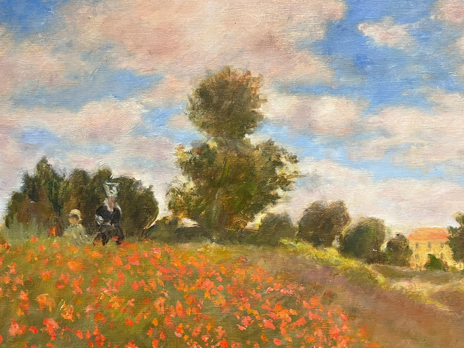 Familia paseando por un campo de amapolas bajo sombrillas Gran óleo impresionista francés 1