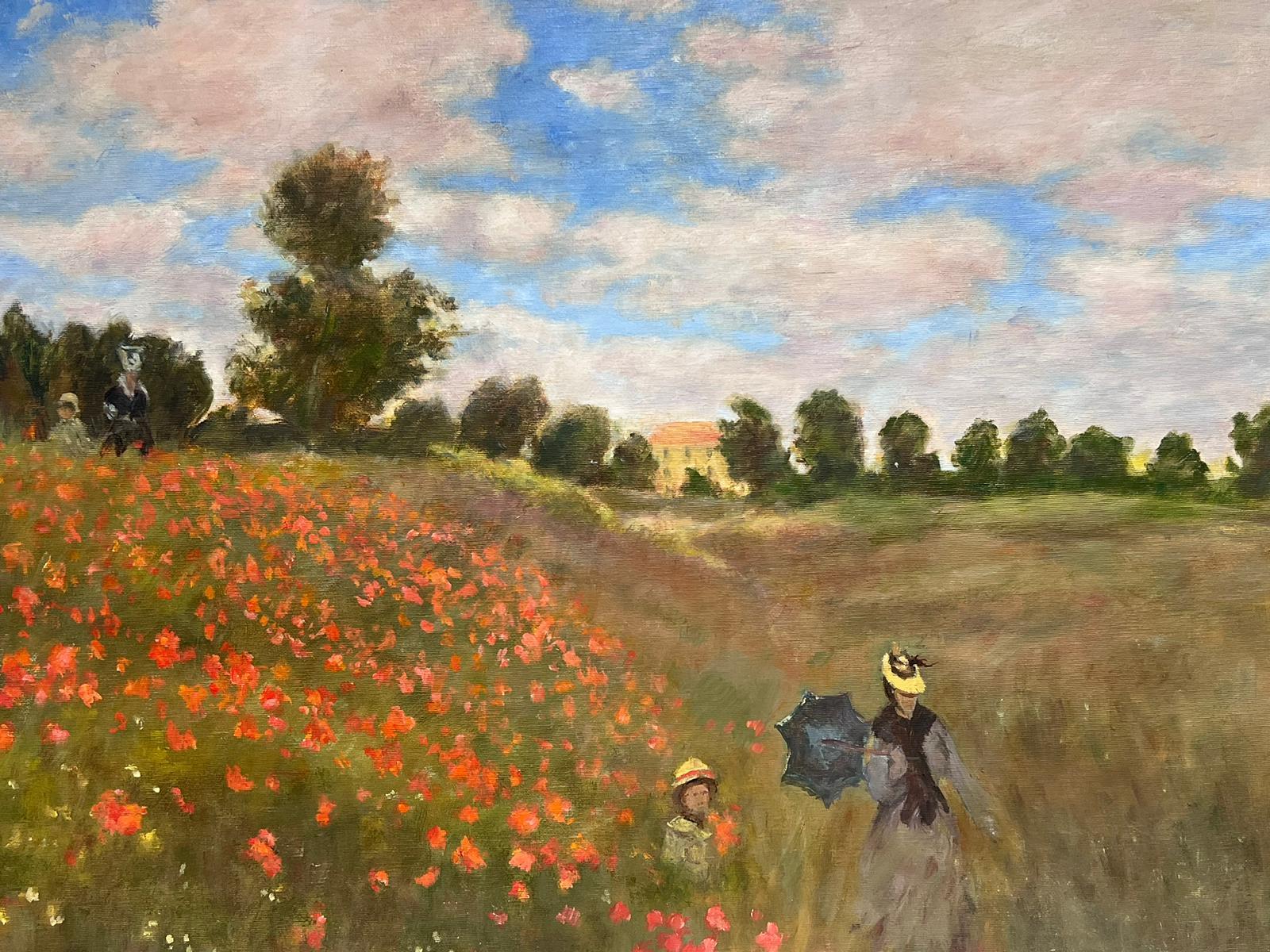 Family Walking through Poppy Field under Parasols Large French Impressionist Oil For Sale 2