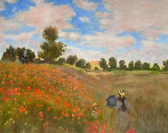 Family Walking through Poppy Field under Parasols Large French Impressionist Oil