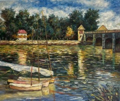 Le pont d' Argenteuil, grande peinture à l'huile impressionniste française d'après Monet
