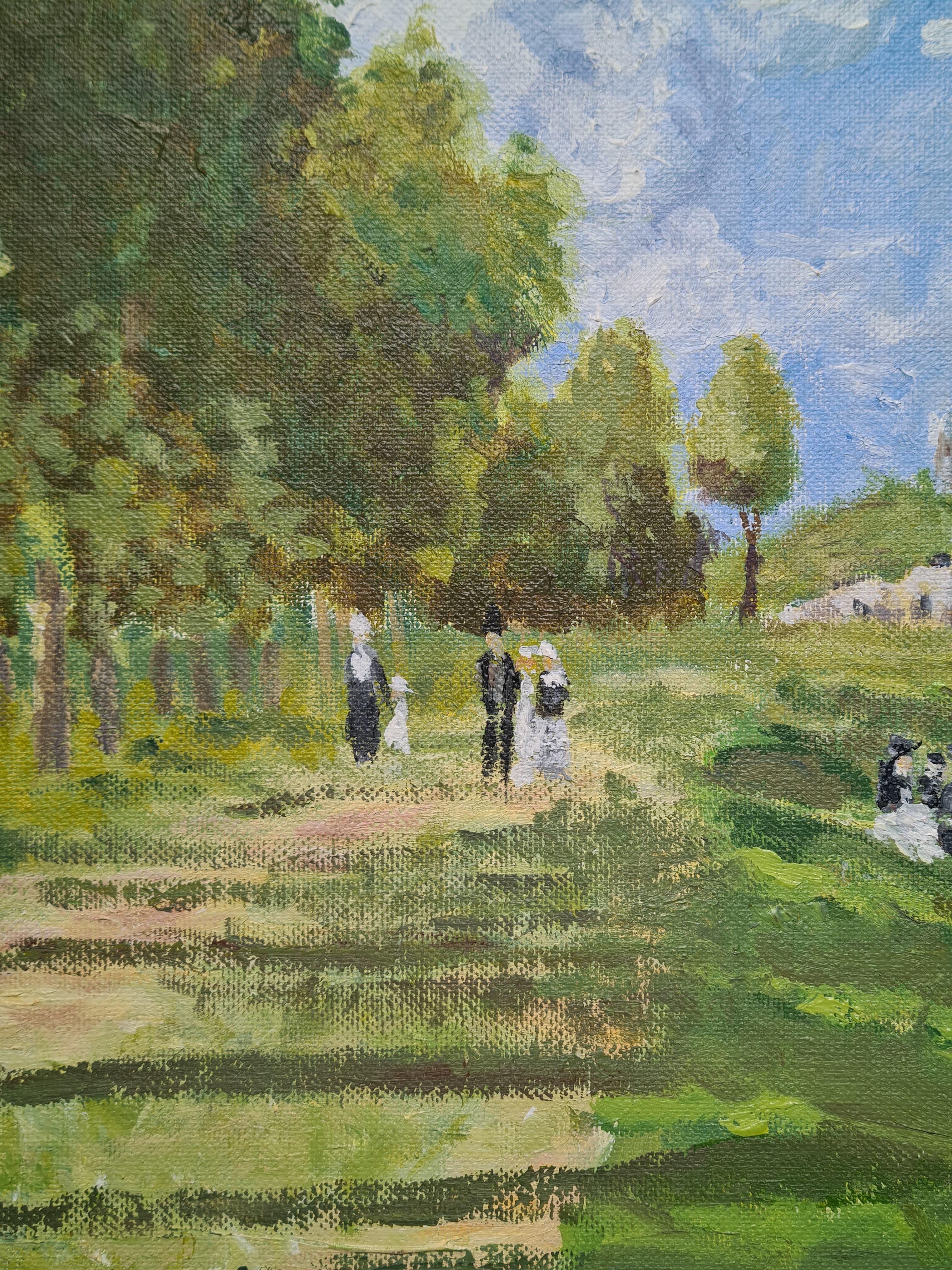 Impressionist view of a river landscape, oil on canvas board.

A charming Impressionist scene of people enjoying the delights of the riverbank. Some strolling, others enjoying a picnic and still others in small rowing and sailing boats. Everyone is