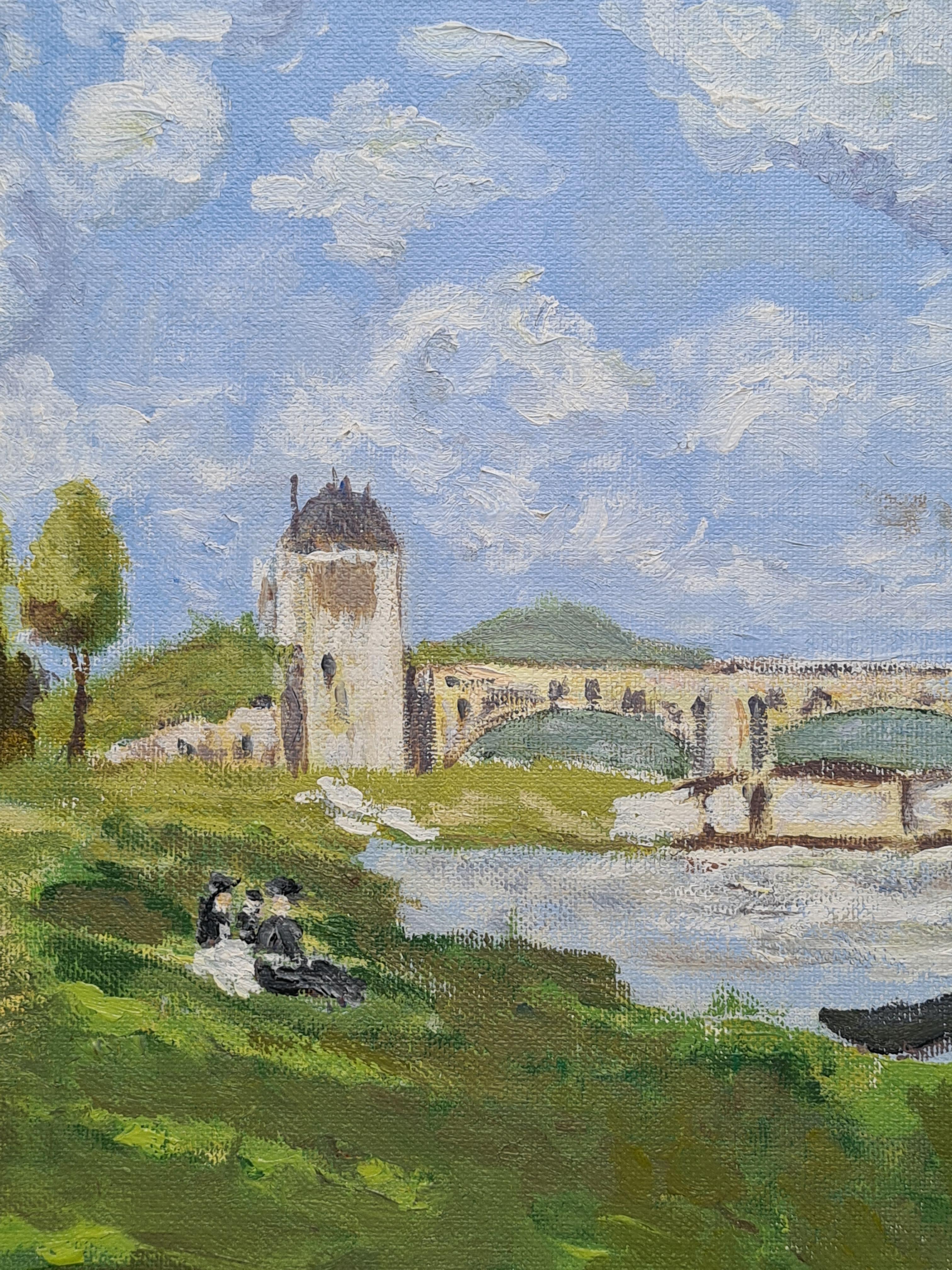 Pintura impresionista de un paisaje fluvial, El puente de Argenteuil. Óleo sobre lienzo. - Painting Impresionista de (after) Claude Monet