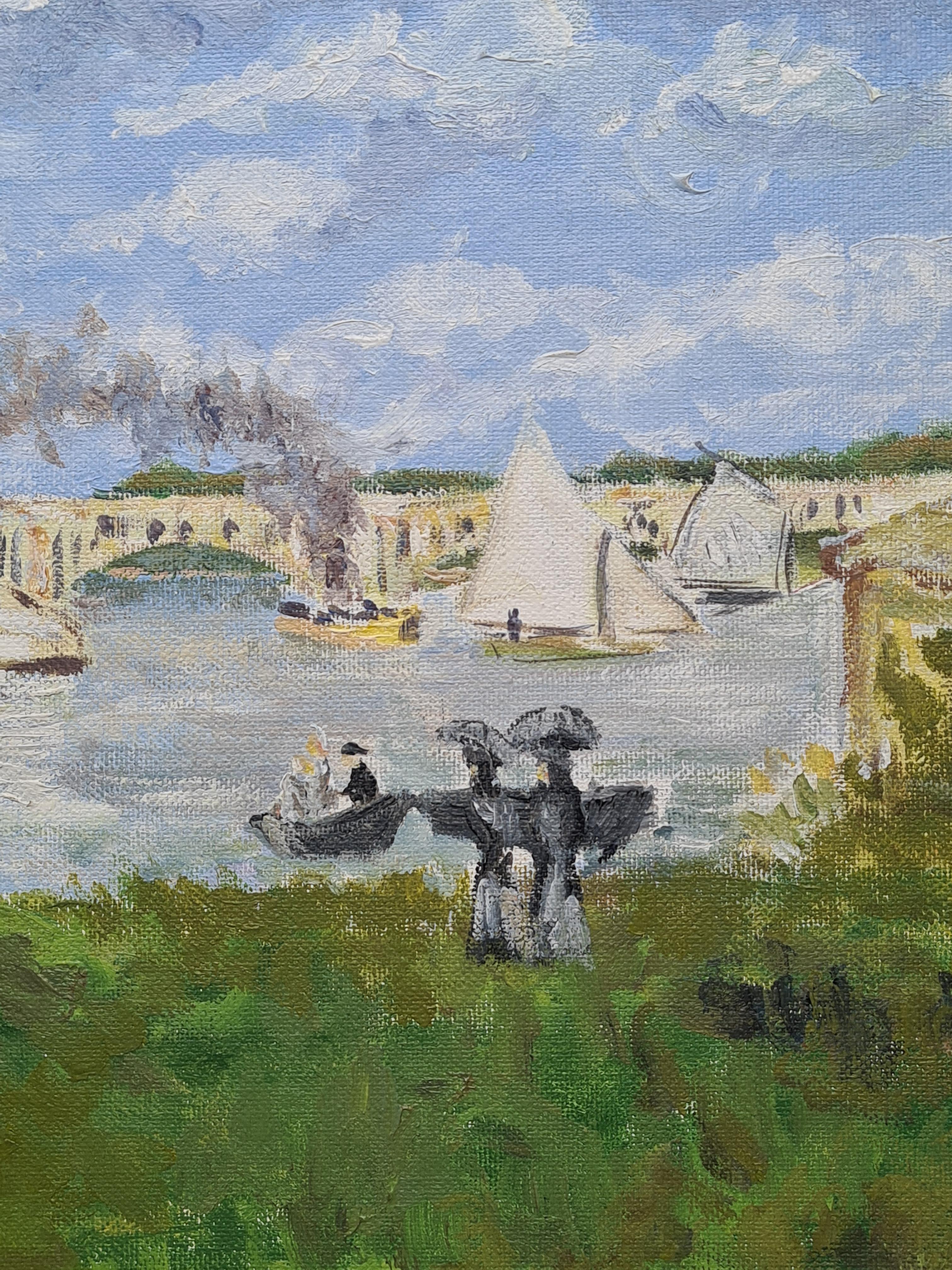 Pintura impresionista de un paisaje fluvial, El puente de Argenteuil. Óleo sobre lienzo. - Figurative Painting Gris de (after) Claude Monet