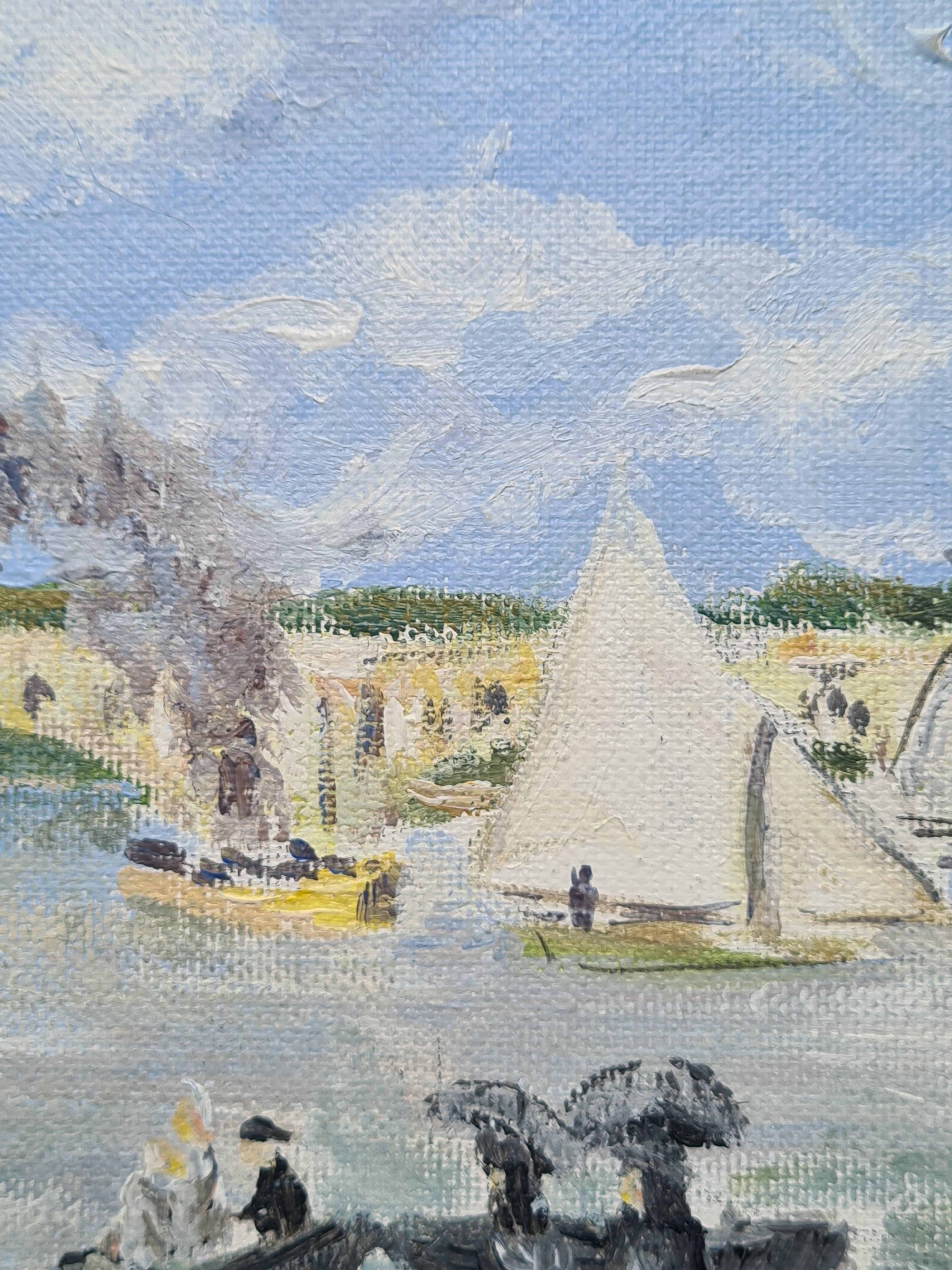Vista impresionista de un paisaje fluvial, óleo sobre tabla.

Una encantadora escena impresionista de gente disfrutando de las delicias de la orilla del río. Algunos paseando, otros disfrutando de un picnic y otros en pequeñas barcas de remo y vela.