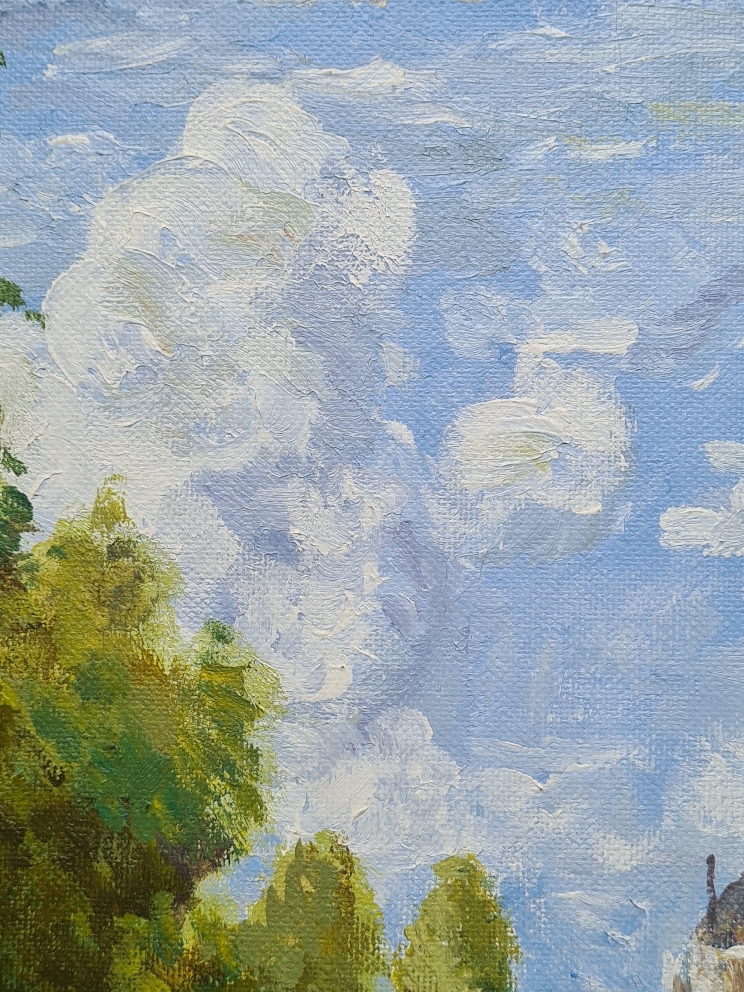 Pintura impresionista de un paisaje fluvial, El puente de Argenteuil. Óleo sobre lienzo. en venta 2