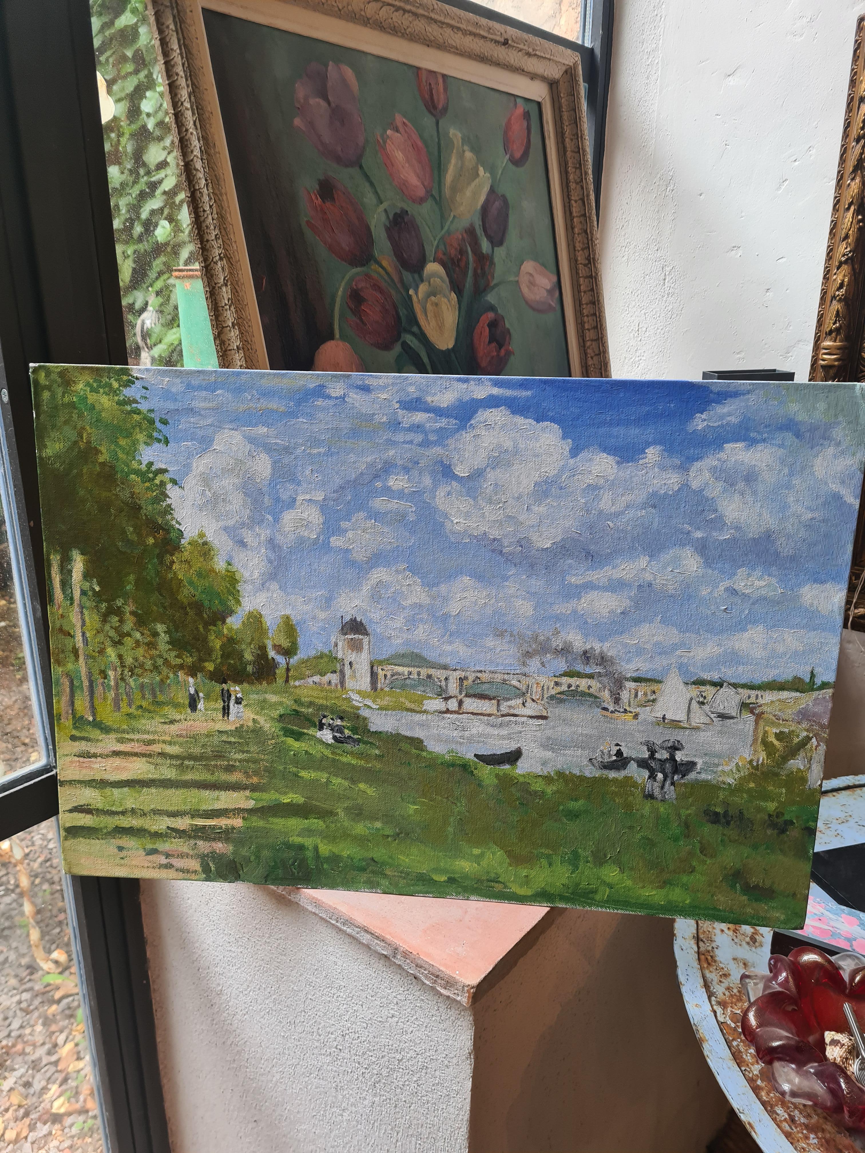 Pintura impresionista de un paisaje fluvial, El puente de Argenteuil. Óleo sobre lienzo. en venta 4