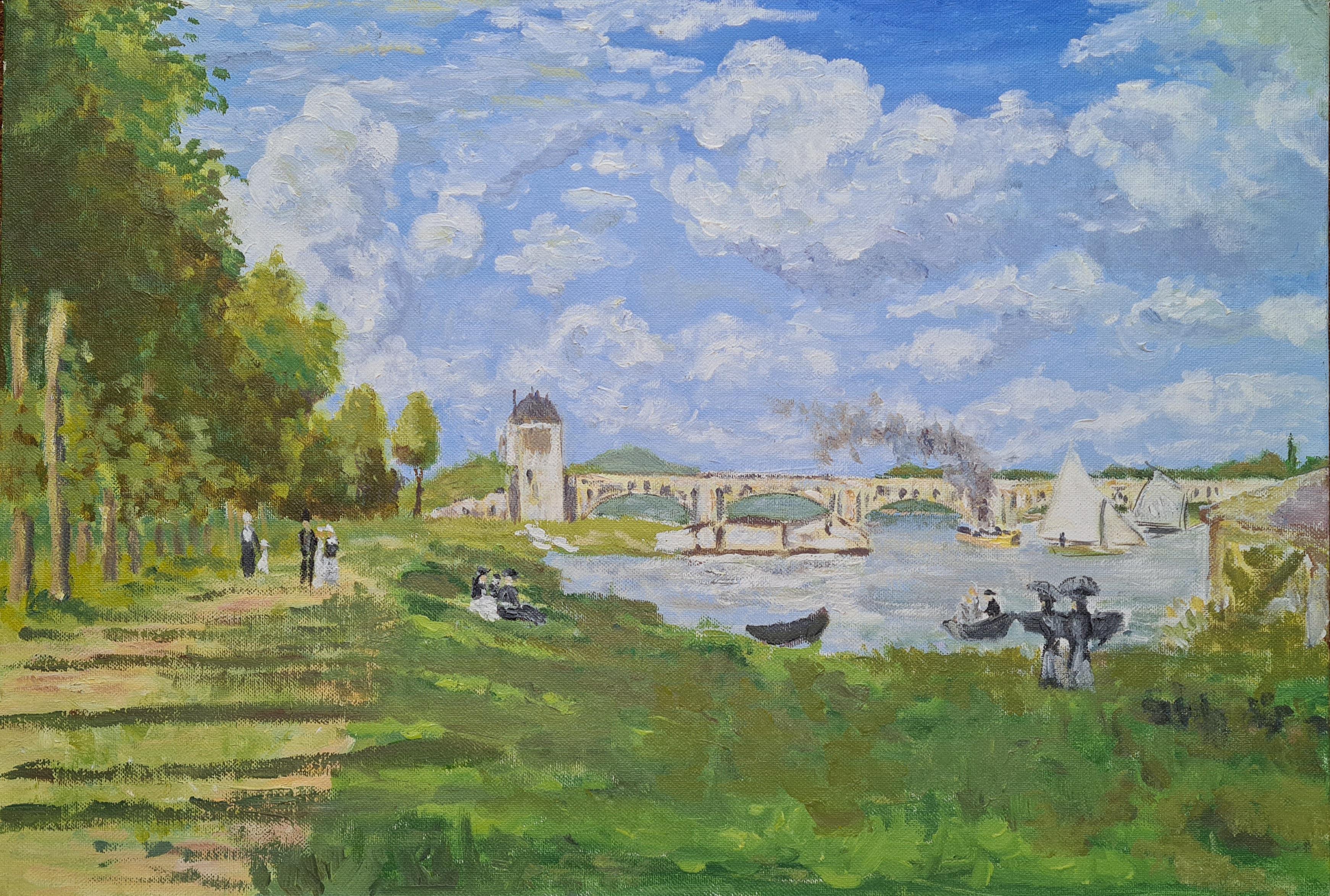Quadro impressionista di un paesaggio fluviale, Il ponte di Argenteuil. Olio su tela.