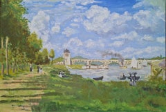 Retro Impressionist Painting of a Riverscape, The Bridge at Argenteuil