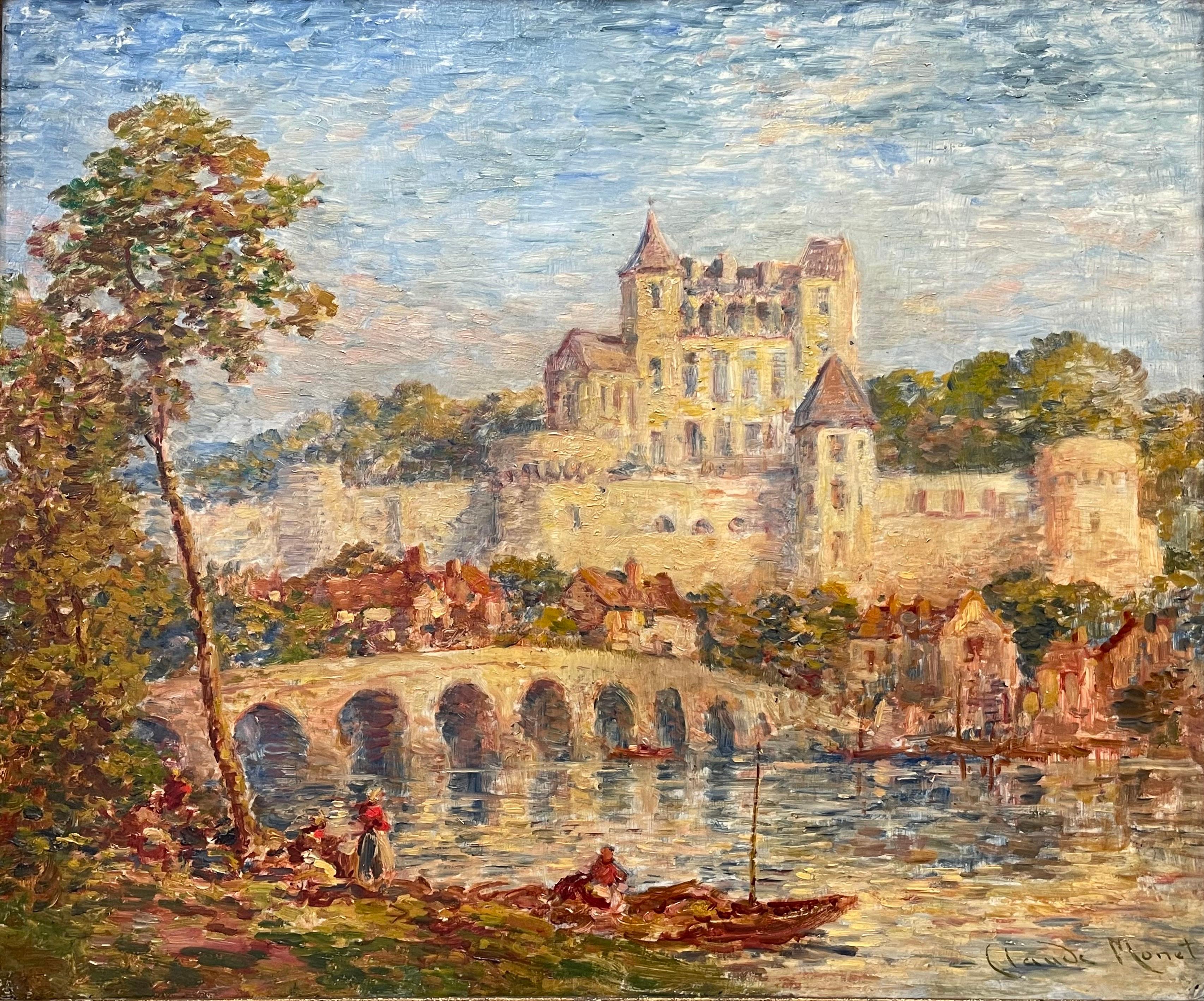 (after) Claude Monet Landscape Painting - Very Large Antique French Impressionist Painting after Claude Monet Figures Town