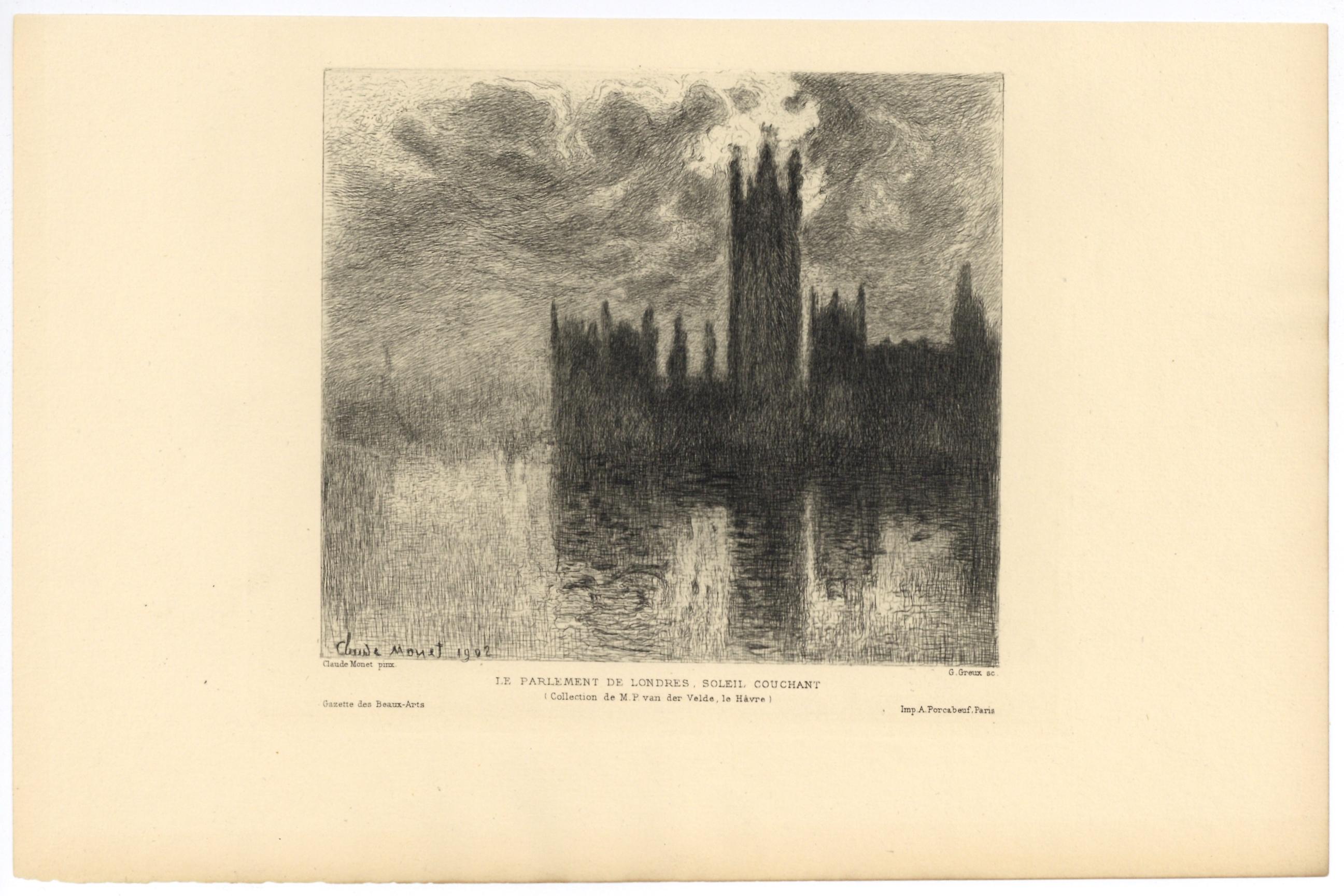 „Le Parlement de Londres, Soleil Couchant“ Radierung (Impressionismus), Print, von (after) Claude Monet