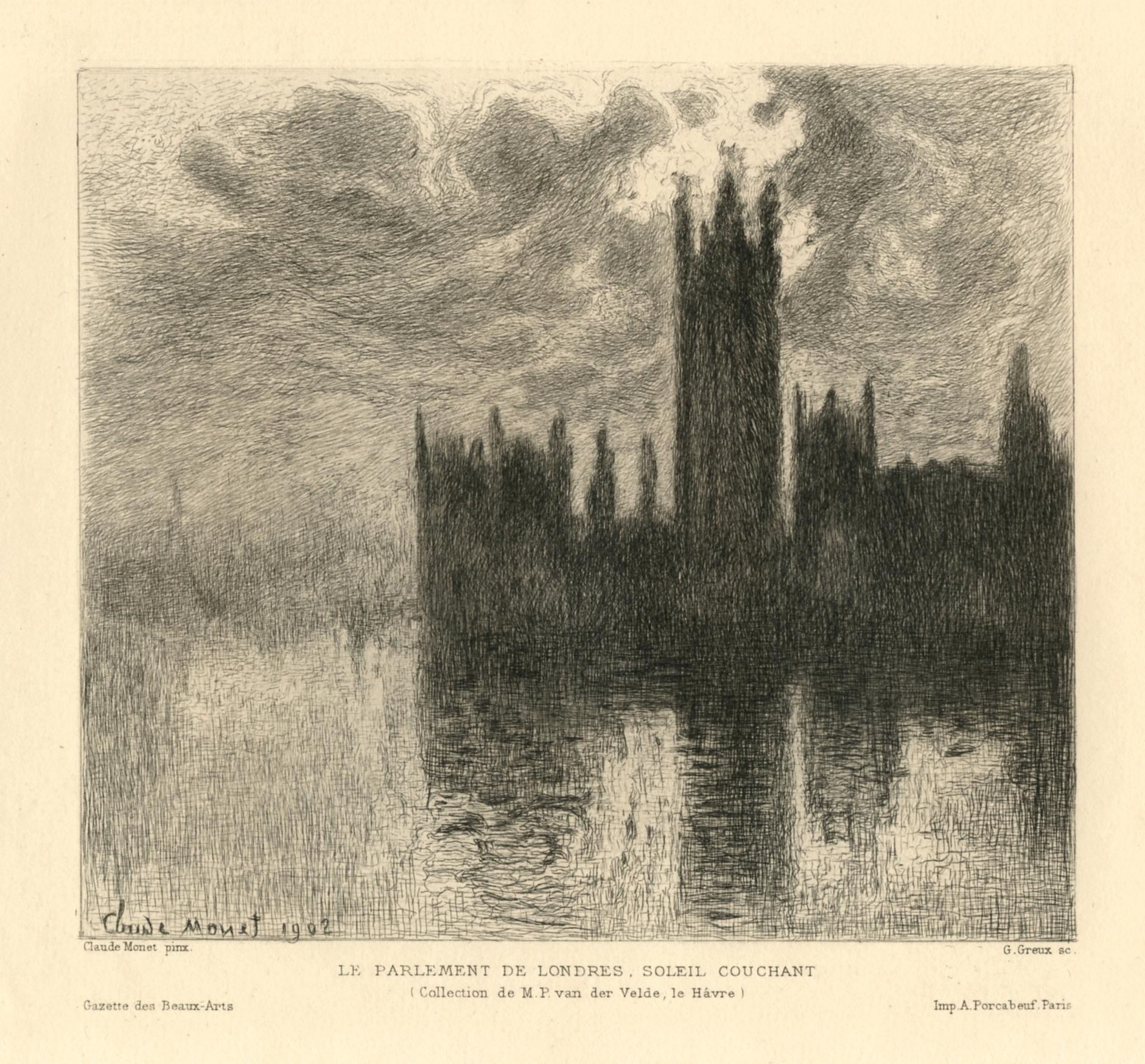 Gravure du Parlement de Londres, Soleil Couchant - Print de (after) Claude Monet