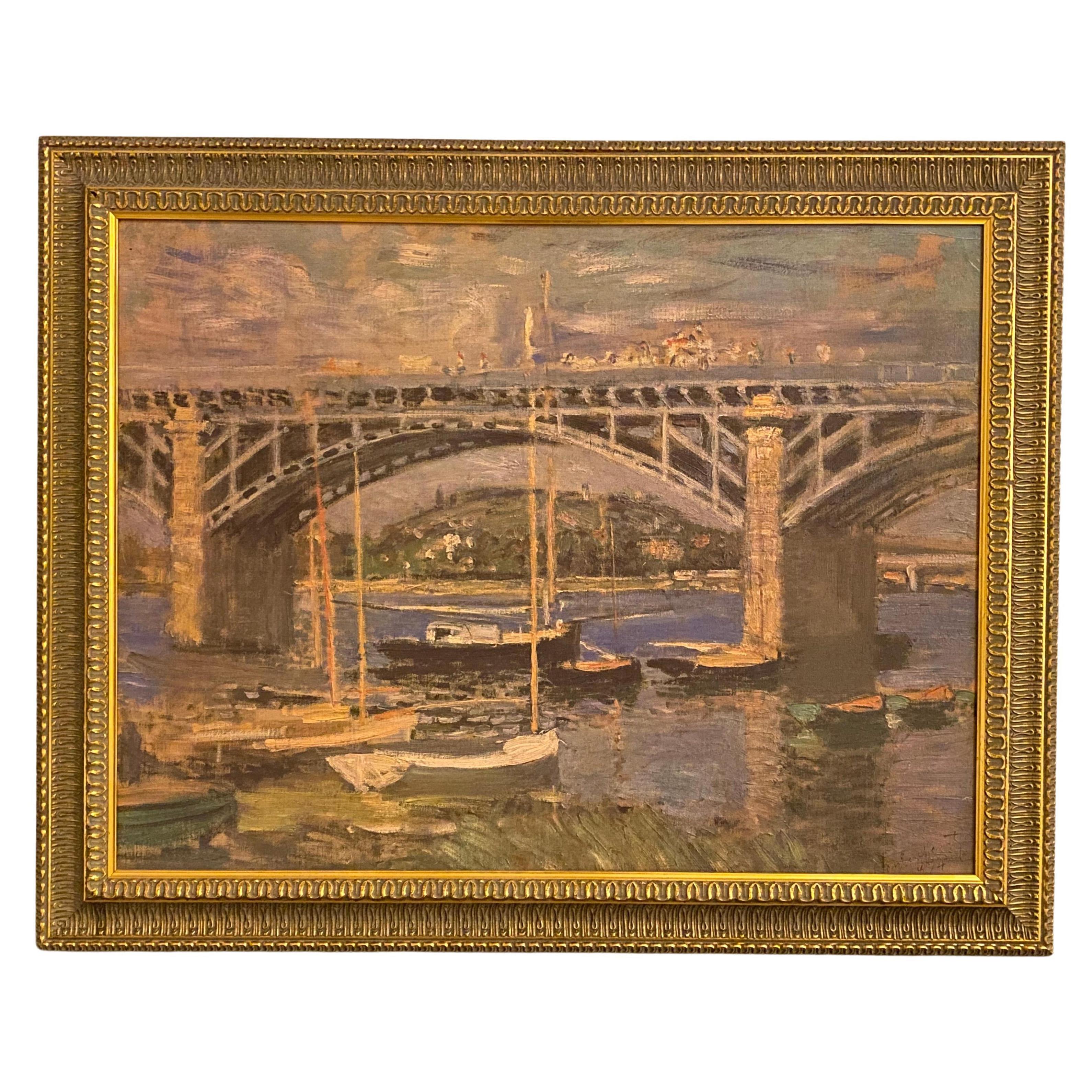 (after) Claude Monet Landscape Print - "The Bridge over the Seine Near Argenteuil" Oil Reproduction after Claude Monet