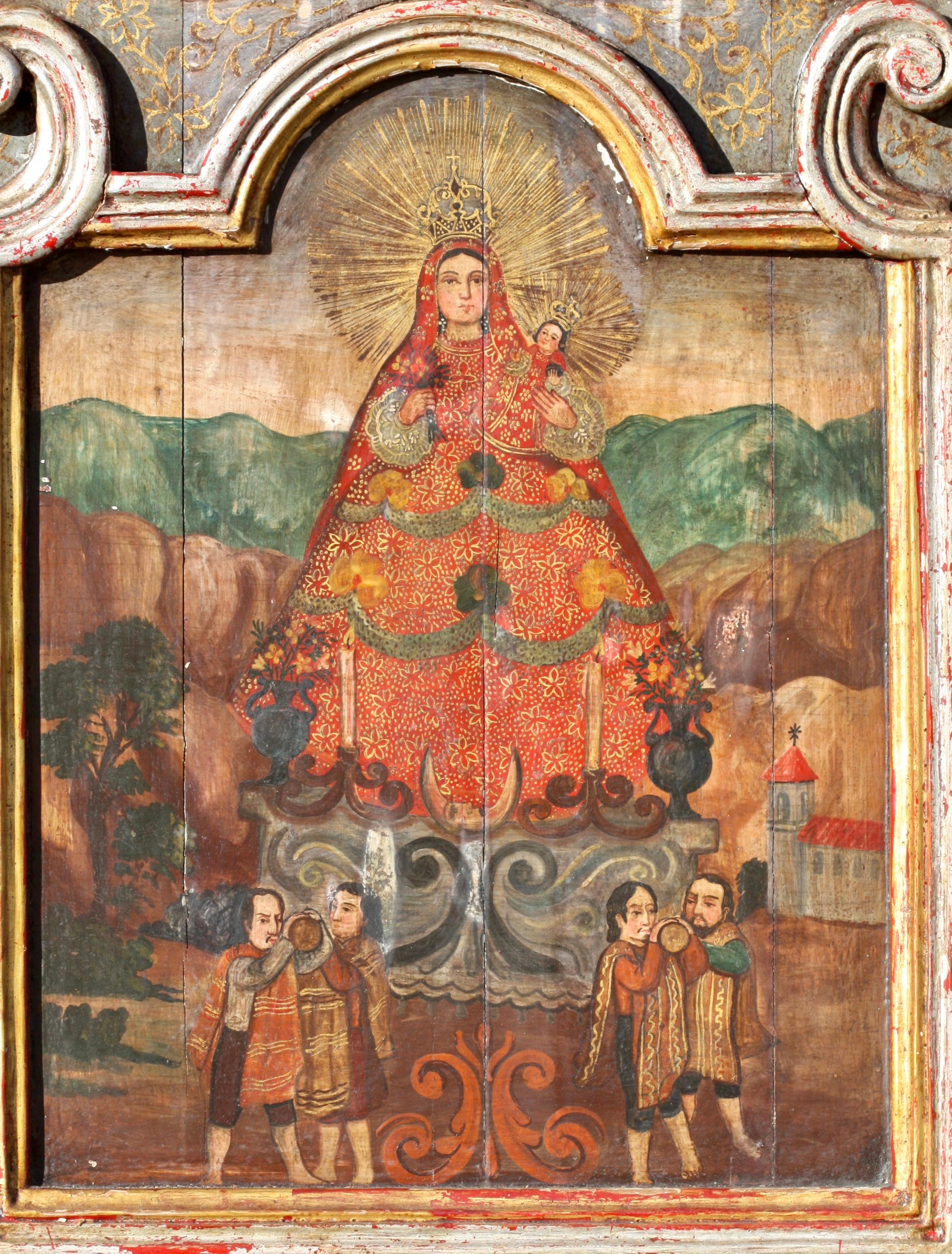 After Cristóbal De Hernández Quintana (1651-1725)
La Virgen de los Remedios de la Laguna, Tenerife
Painting
Oil/panel
Measures: Framed: Height 37.5 in. (95.25 cm.), width 23 in. (58.42 cm.)
Without frame: Height 22.25 in. (56.51 cm.), width 17