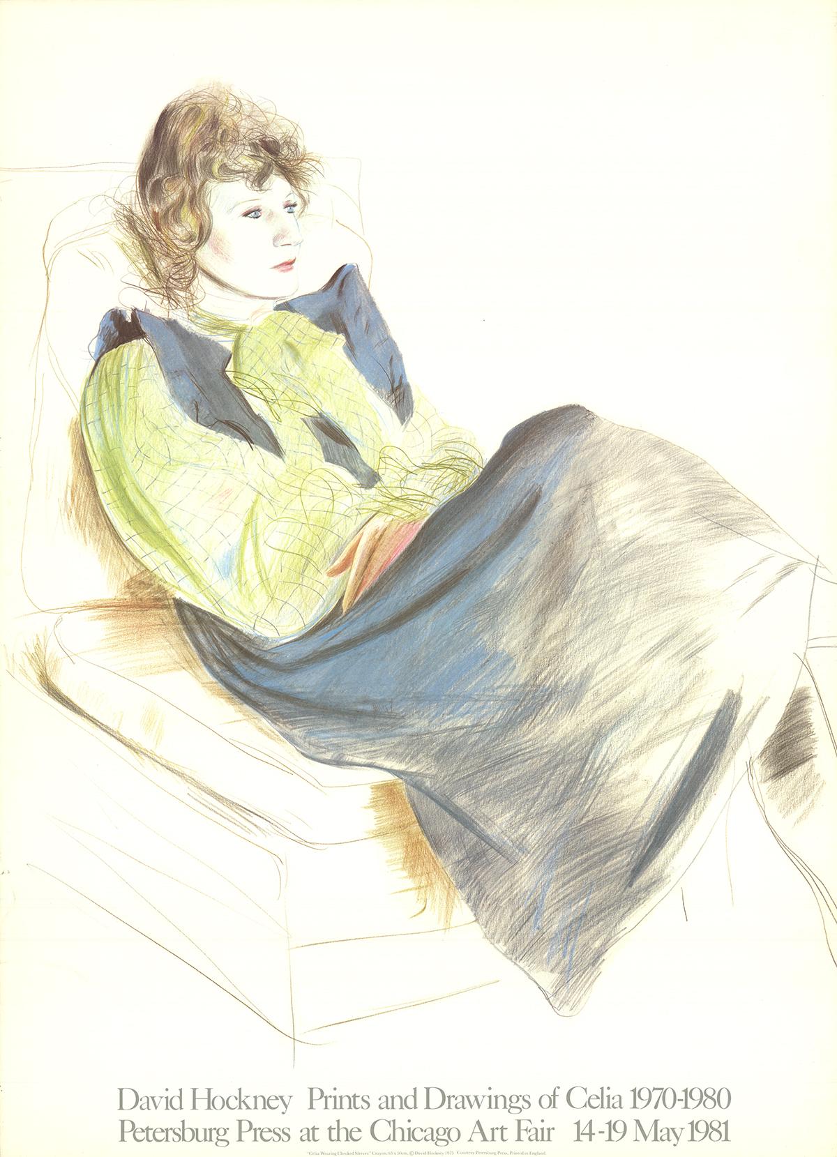 Celia Wearing Checkered Sleeves-36" x 26"-Lithograph-1981-Pop Art - Print by (after) David Hockney