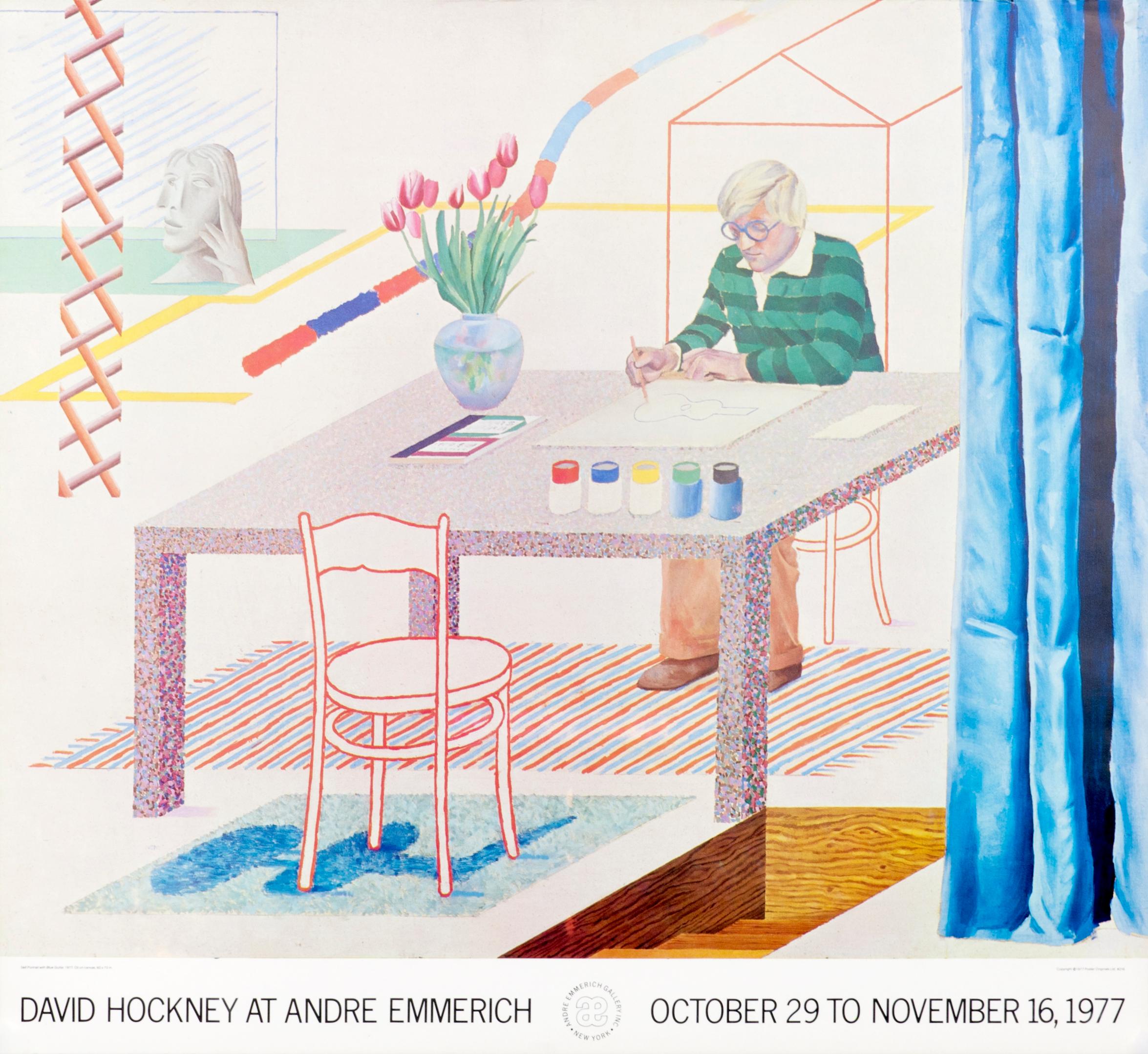 (after) David Hockney Interior Print - "David Hockey at Andre Emmerich" Original Vintage Exhibition Poster