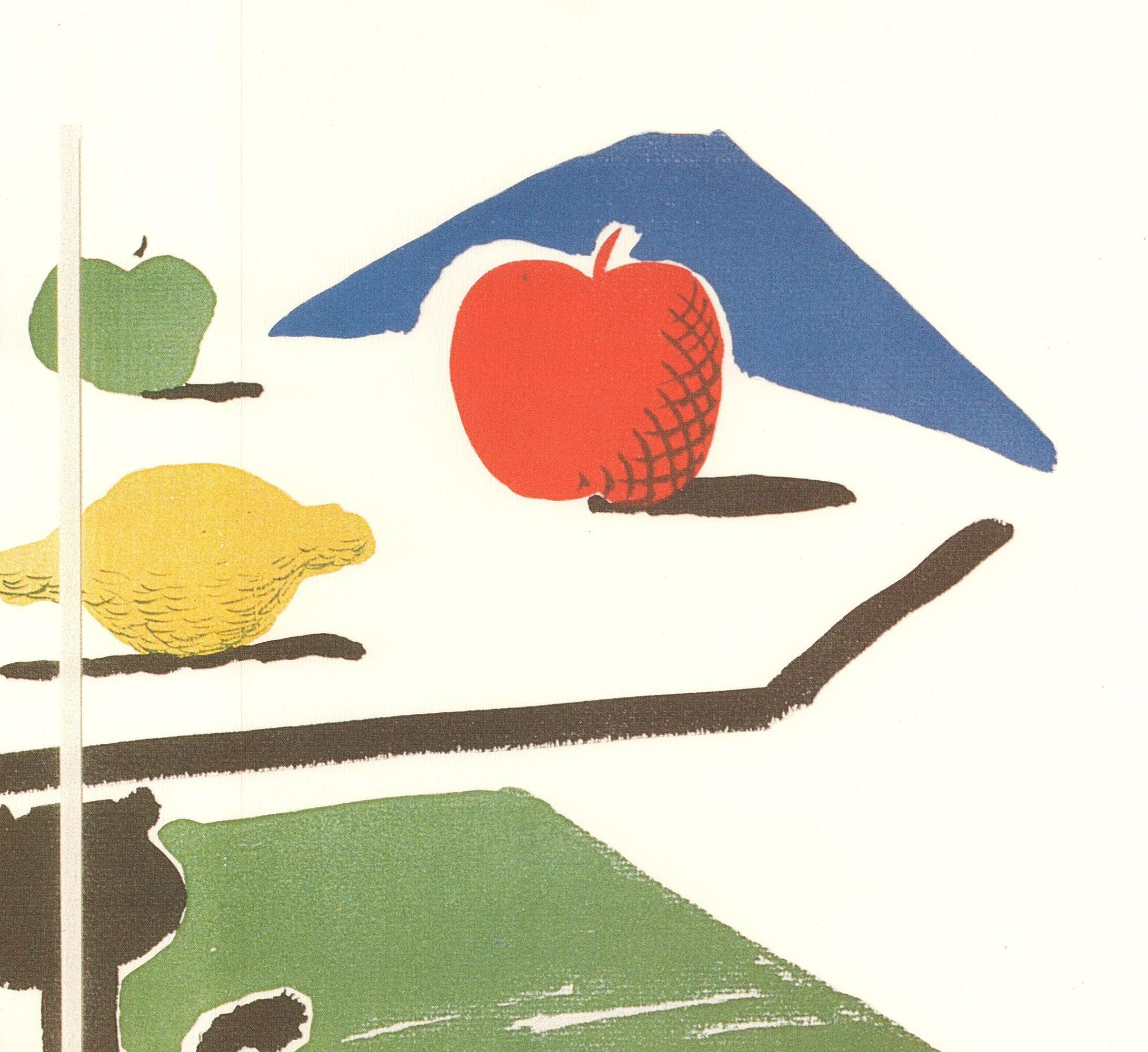 Questo poster di mostra, intitolato Apple, Glass, Lemon on a Table, è stato realizzato da David Hockney per la sua mostra dell'8° anniversario con David Krut Fine Arts e la David Knight Gallery. L'opera originale, creata da Hockney, è un dittico