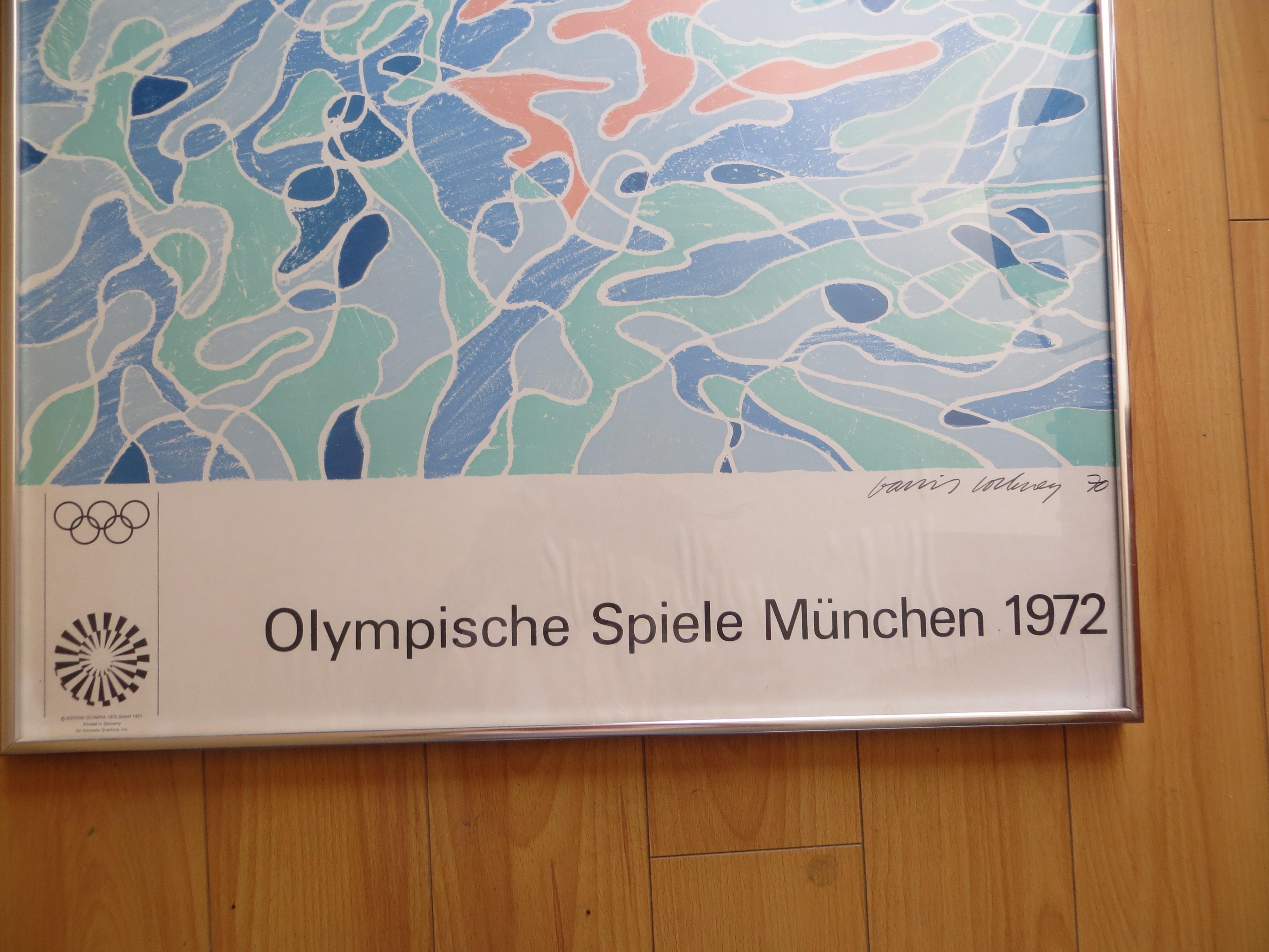 David Hockney, Original  poster. David Hockney, Olympishe Spiele Munchen  Print  Poster, 1972 
David Hockney ( B. 1937 ) is an English painter, draftsman, printmaker, stage designer, and photographer. He is an important contributor to The Pop Art