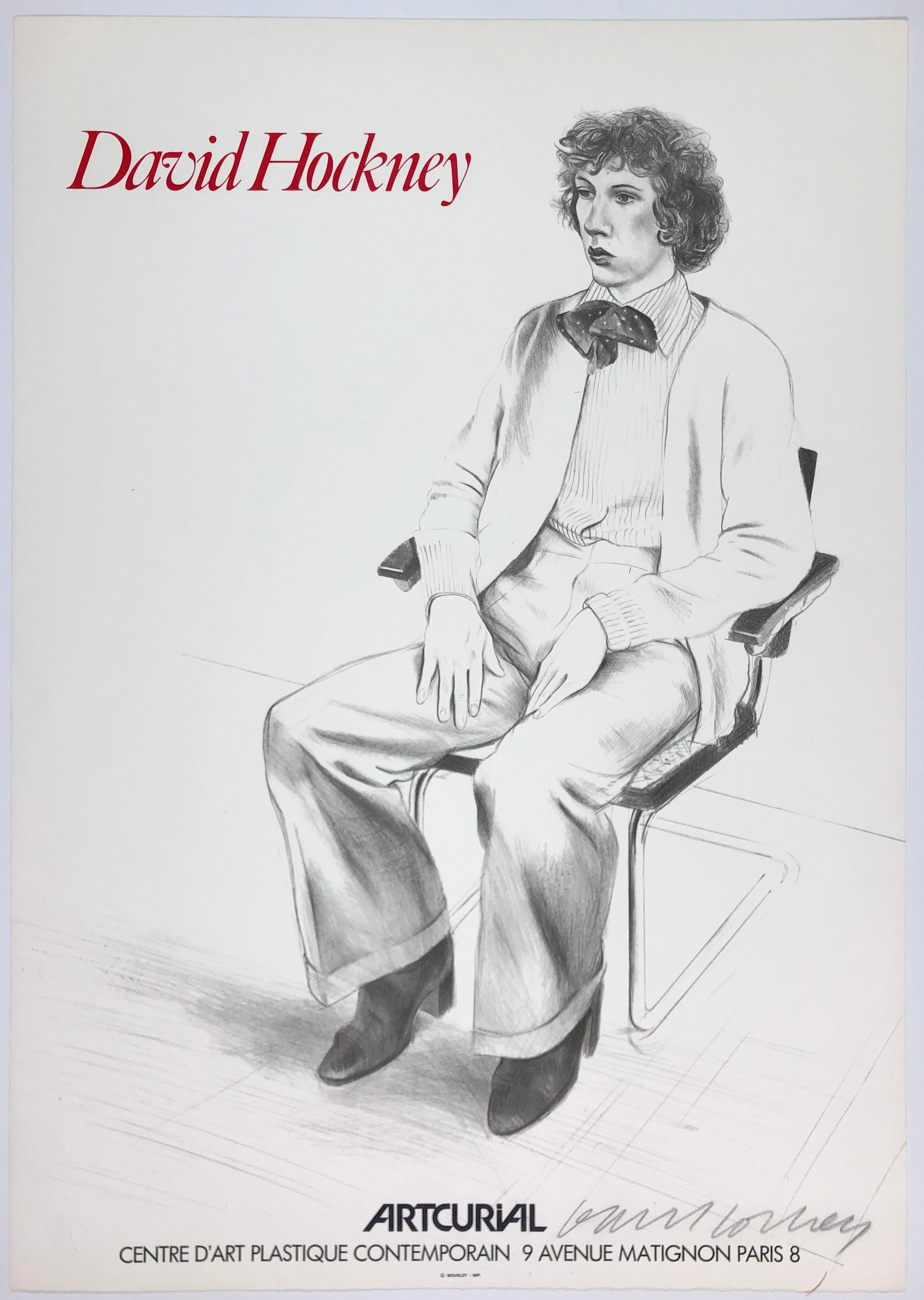 Original exhibition poster for David Hockney at Artcurial, Paris, 1979. Signed by the artist lower right in pencil. This poster is reproduced from the Hockney lithograph Gregory Evans, and printed on fine, thick Creysse paper. 

Hockney’s keen eye