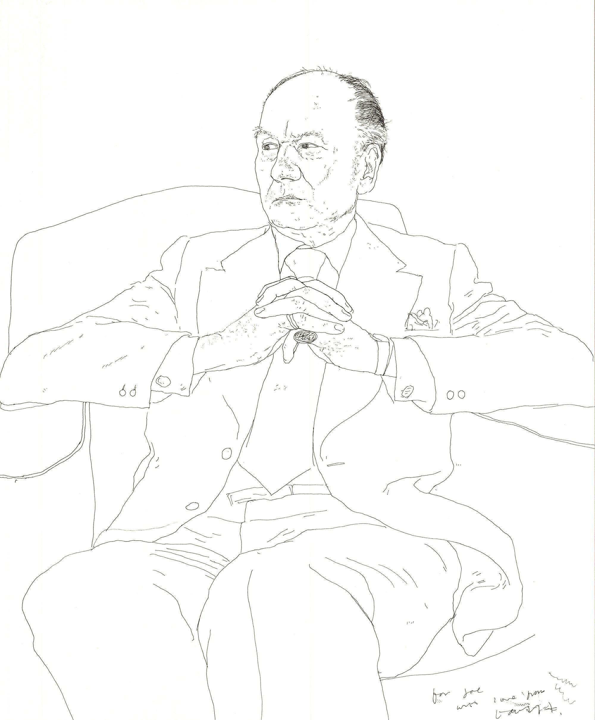 This first edition exhibition poster by David Hockney is titled Portrait of Sir John Gielgud and is part of the Travel with Pen, Pencil and Ink series. The exhibition was held at The Fine Arts Museum in San Francisco in 1979. The artwork, created in