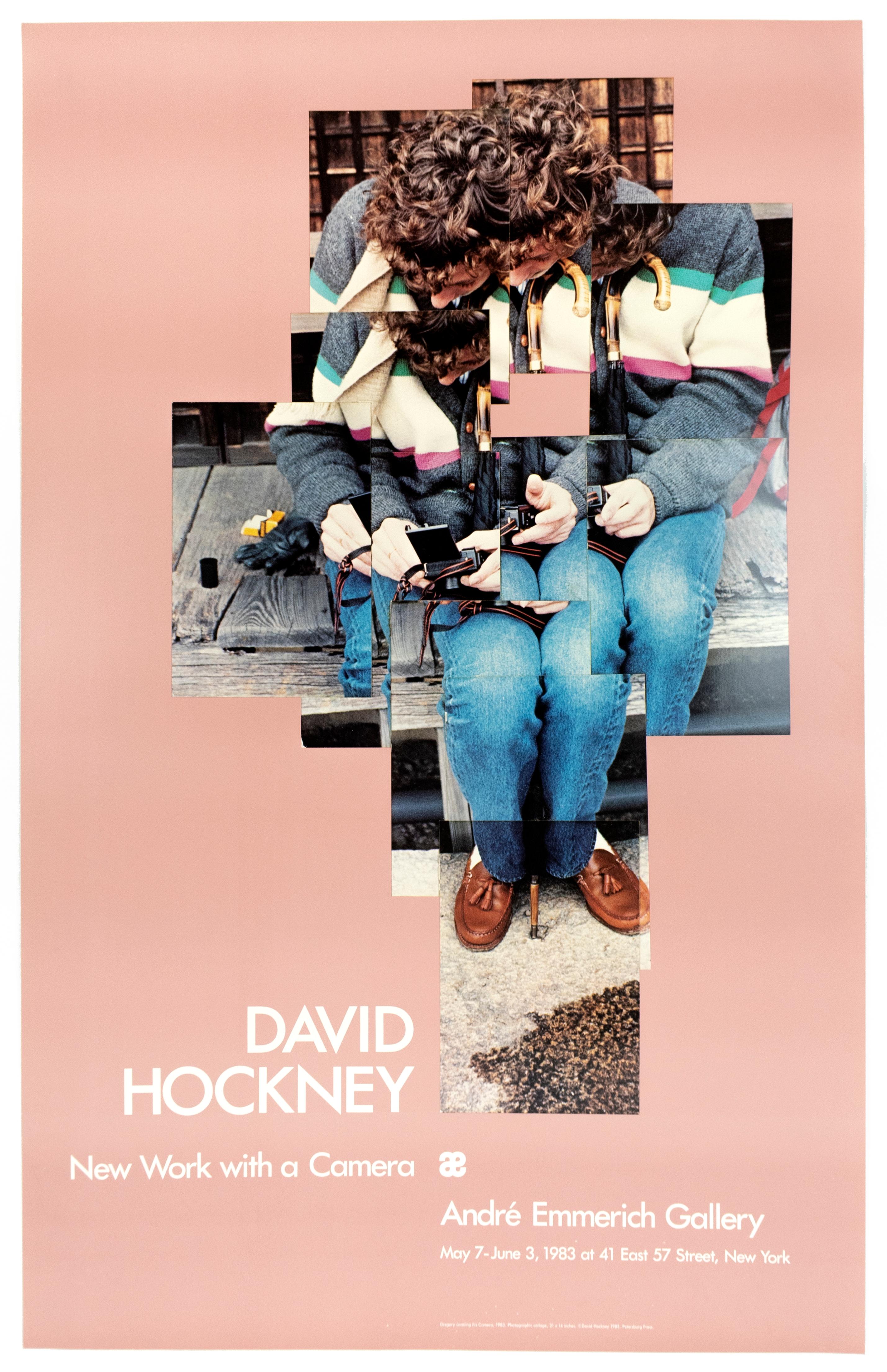 (after) David Hockney Portrait Print - Exhibition Poster Gregory Loading His Camera 1983 in vintage millennial pink