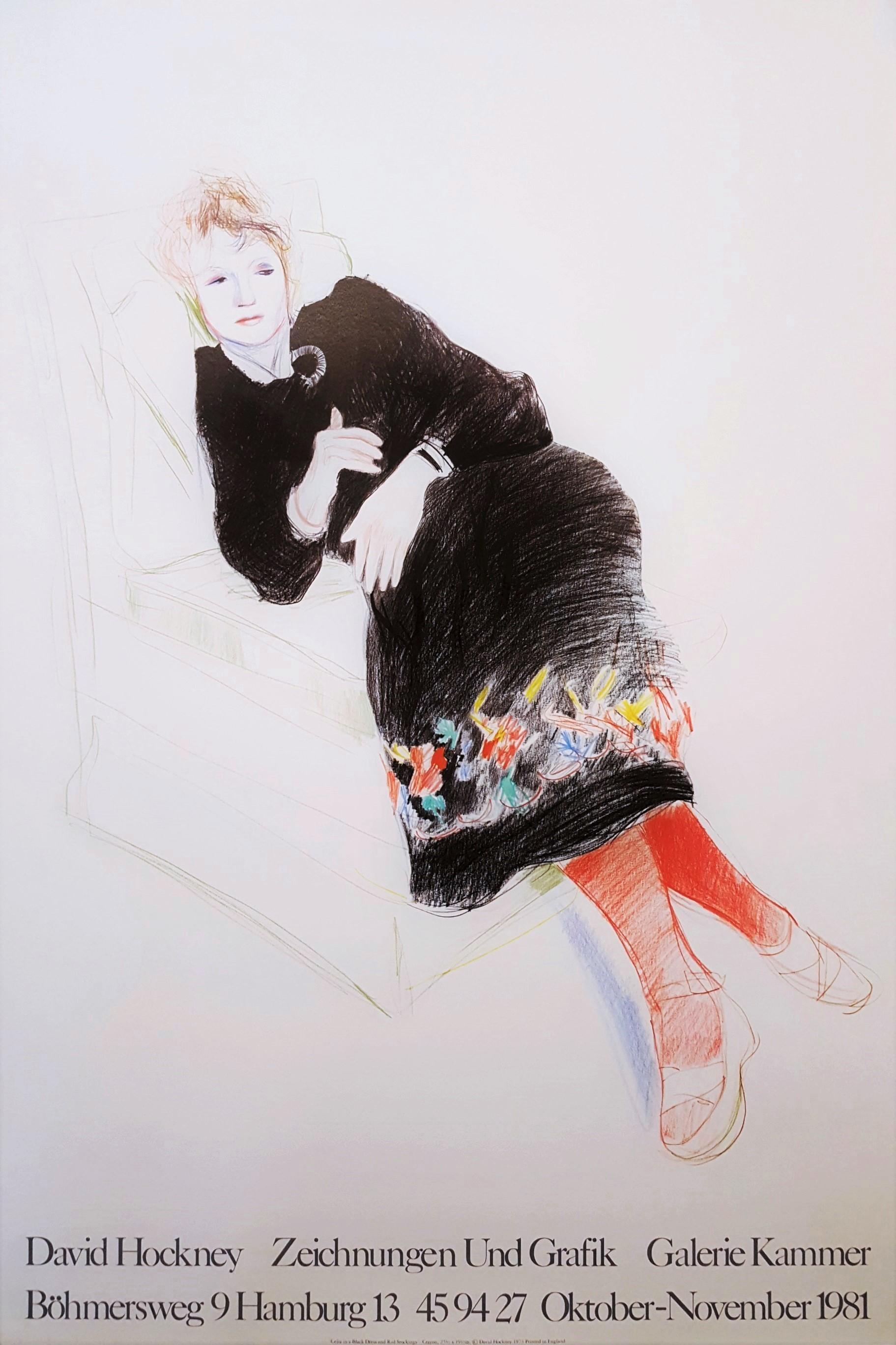 (after) David Hockney Figurative Print - Galerie Kammer (Celia in a Black Dress and Red Stockings)