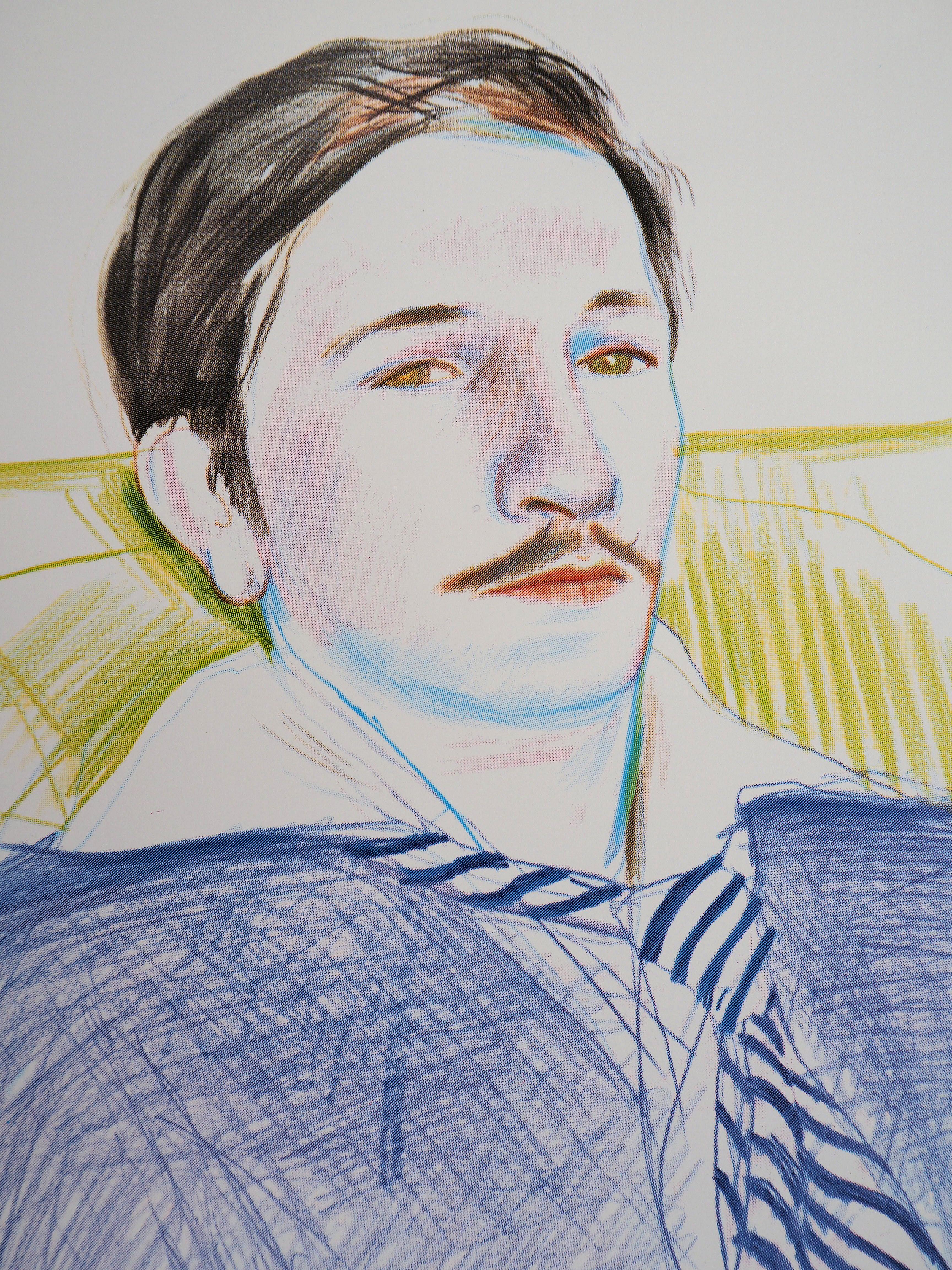 Portrait d'un homme en train de lire - Affiche vintage originale (1975) - Gris Portrait Print par (after) David Hockney