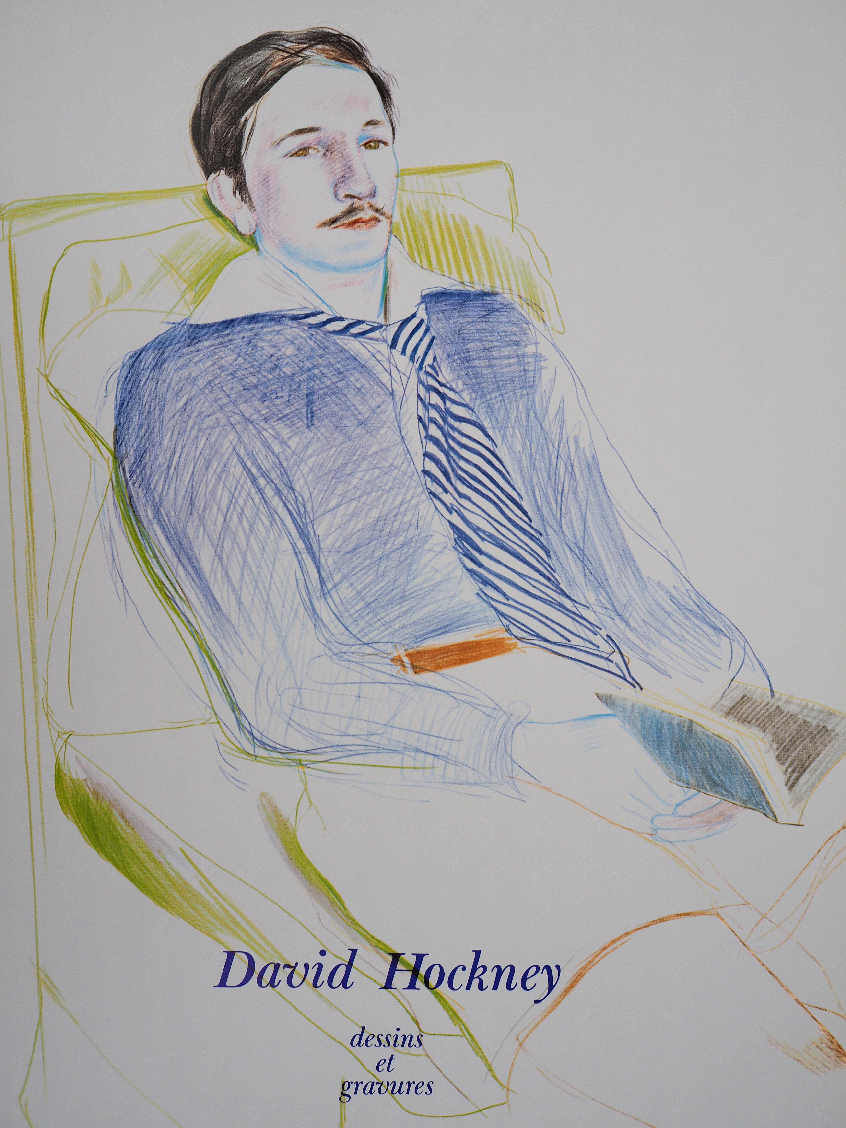 Portrait Print (after) David Hockney - Portrait d'un homme en train de lire - Affiche vintage originale (1975)