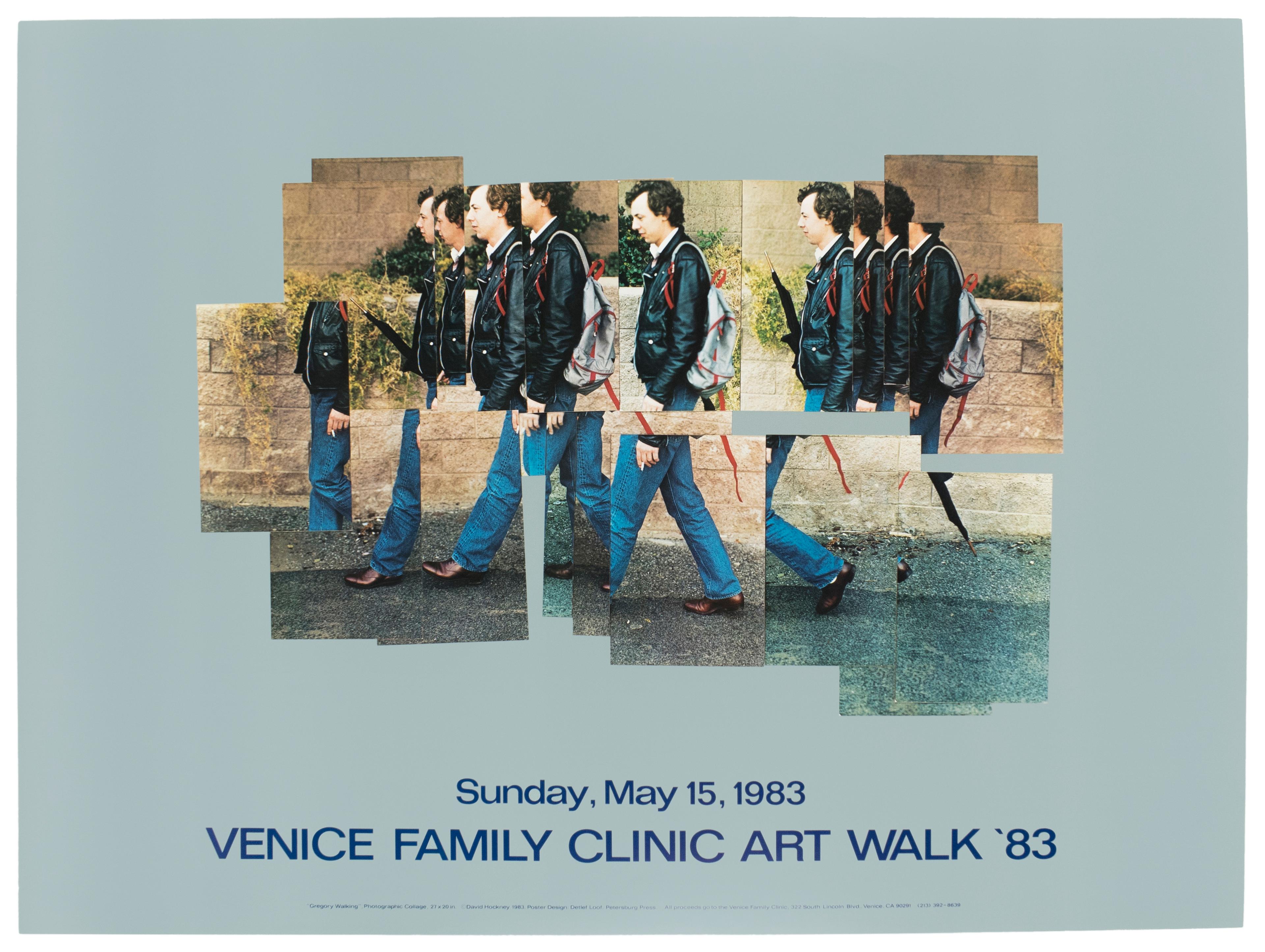 (after) David Hockney Portrait Print - Venice Walk 1983 Vintage David Hockney Exhibition Poster in turquoise teal 
