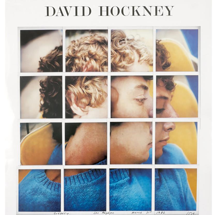 (after) David Hockney Figurative Print - Vintage David Hockney poster Andre Emmerich Gallery 1982 (Gregory photo montage)