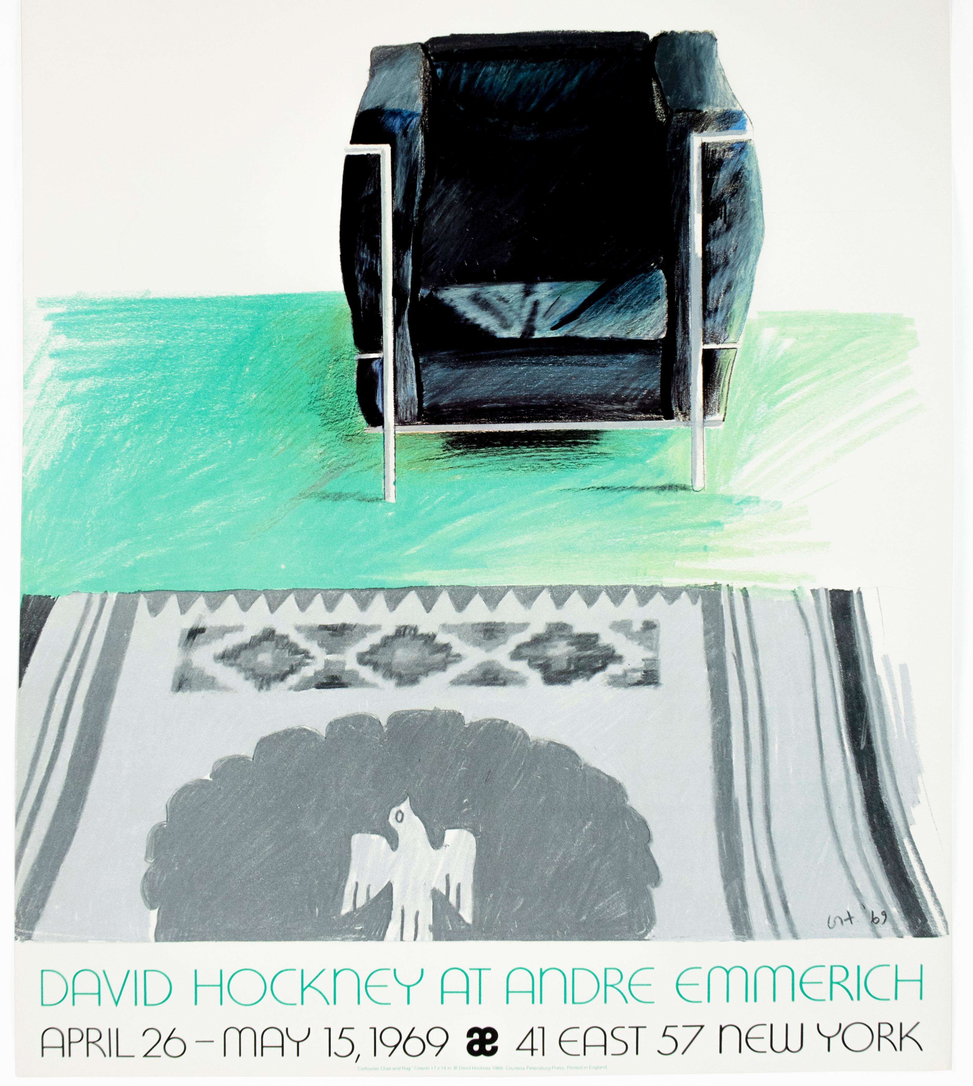 (after) David Hockney Interior Print - Vintage Le Corbusier '69 David Hockney Exhibition Poster Kilim southwest rug 