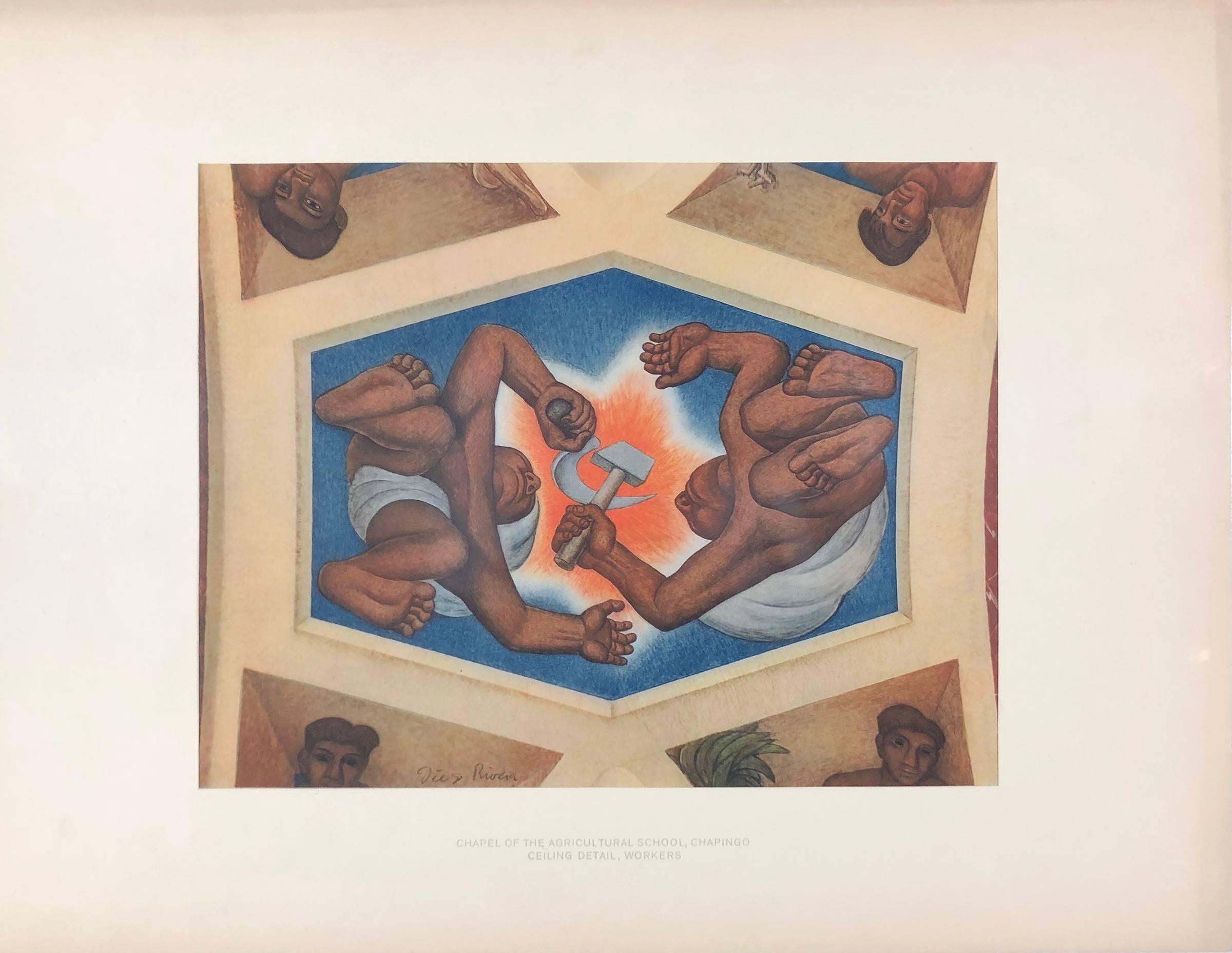 Chapel of the Agricultural School, Chapingo (Deckendetails, Arbeiter) – Print von (after) Diego Rivera