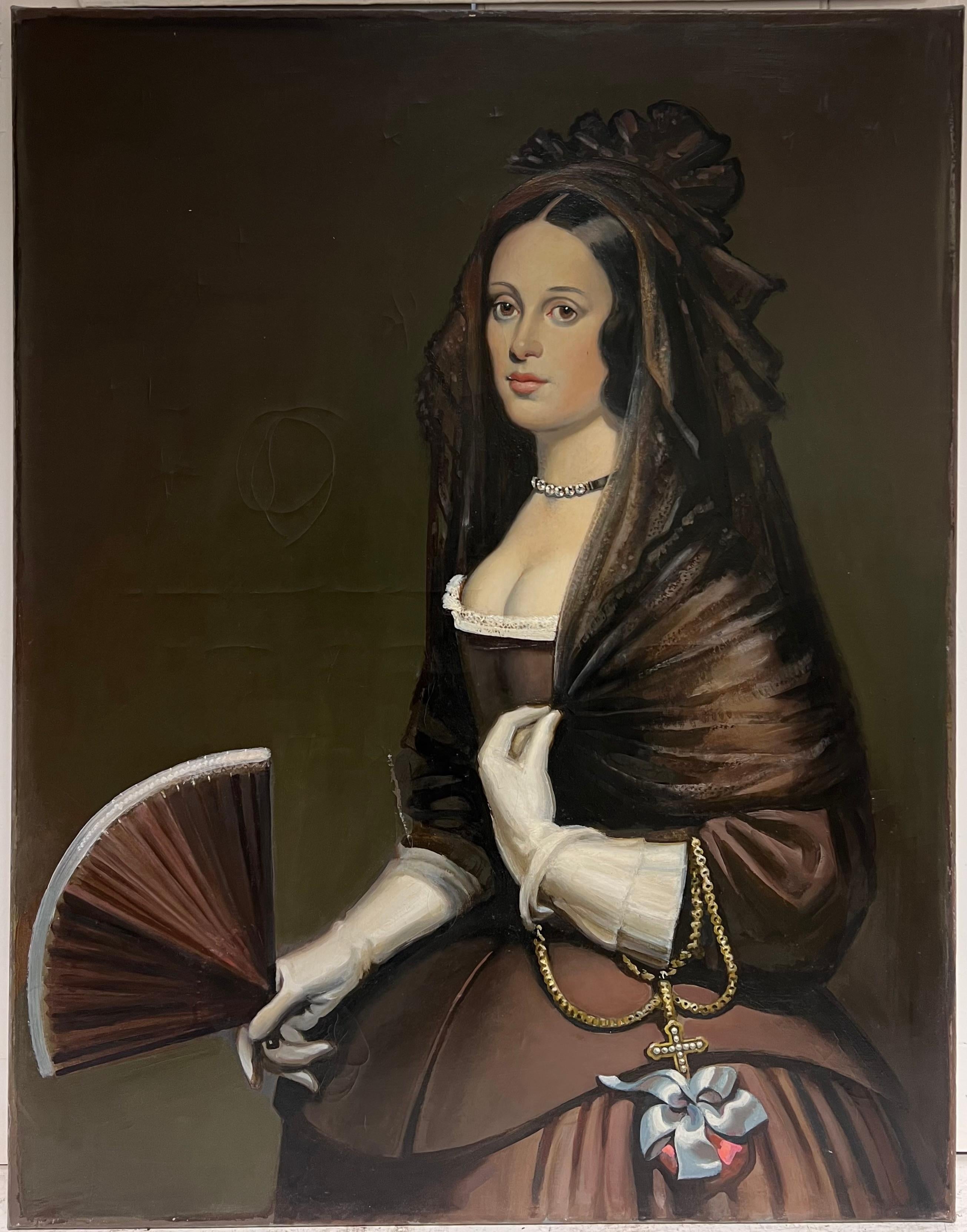 Cuadro al óleo grande Retrato de la dama del abanico Diego Velázquez - Painting de after Diego Velazquez (1599-1660) 