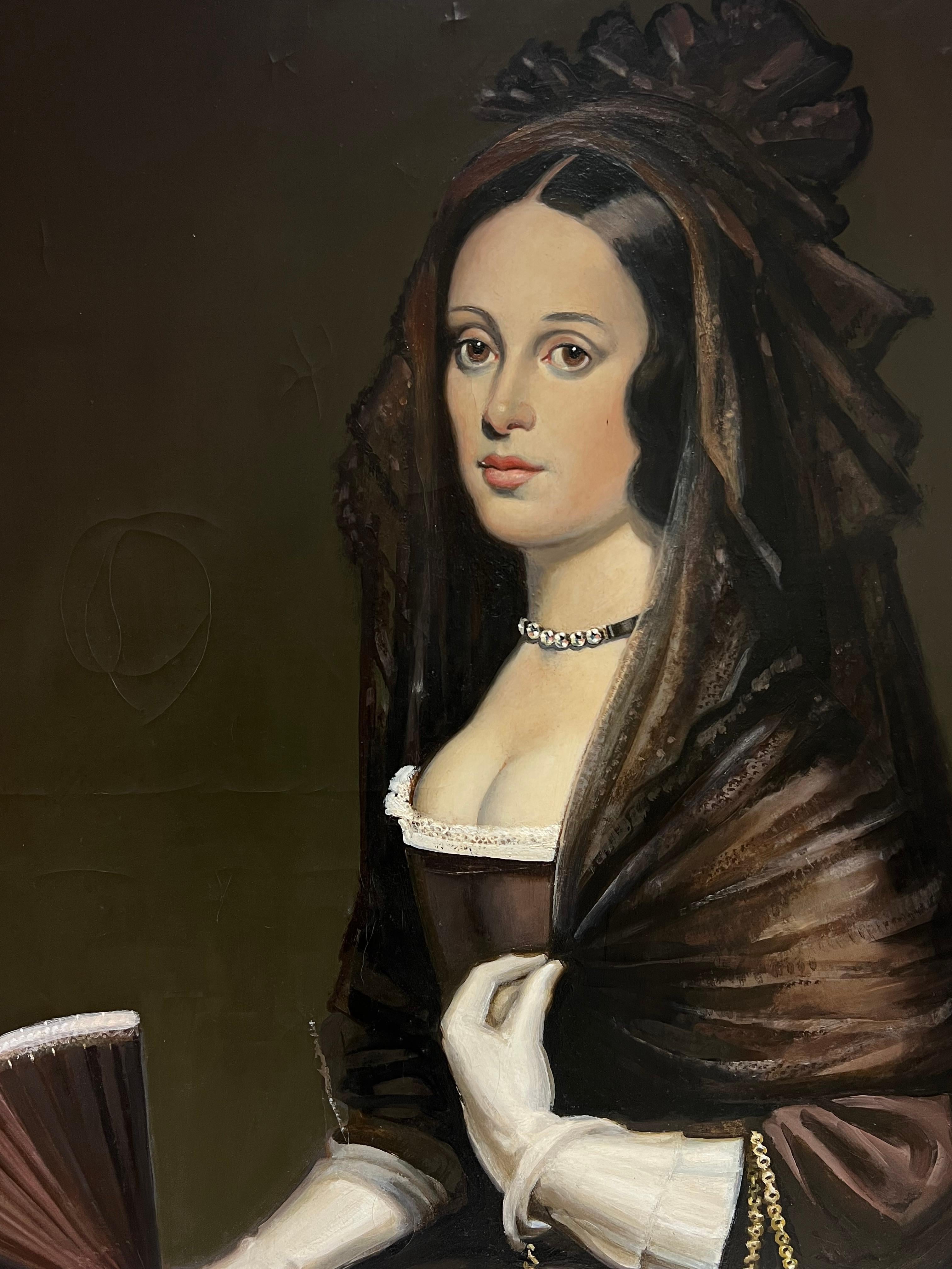 Cuadro al óleo grande Retrato de la dama del abanico Diego Velázquez - Painting Antiguos maestros de after Diego Velazquez (1599-1660) 