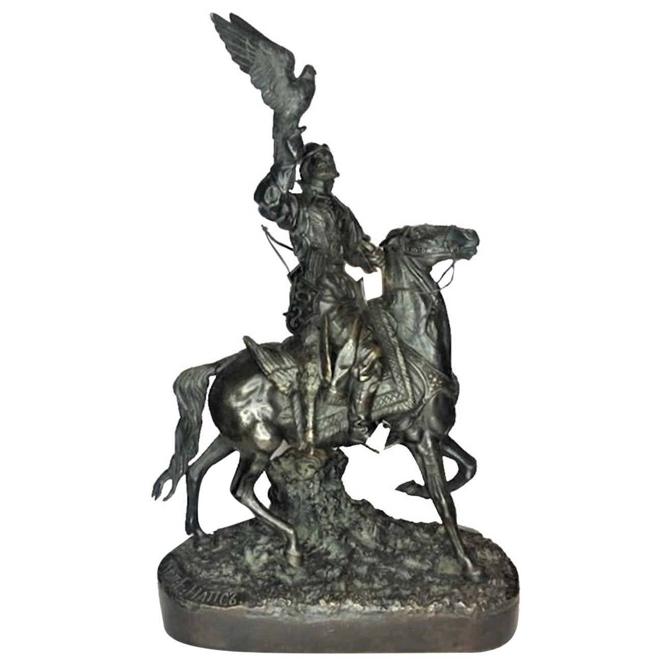 After E. Lancere, E. Naps, Tsar's Falconer, Patinated Bronze Sculpture, ca. 1890 For Sale