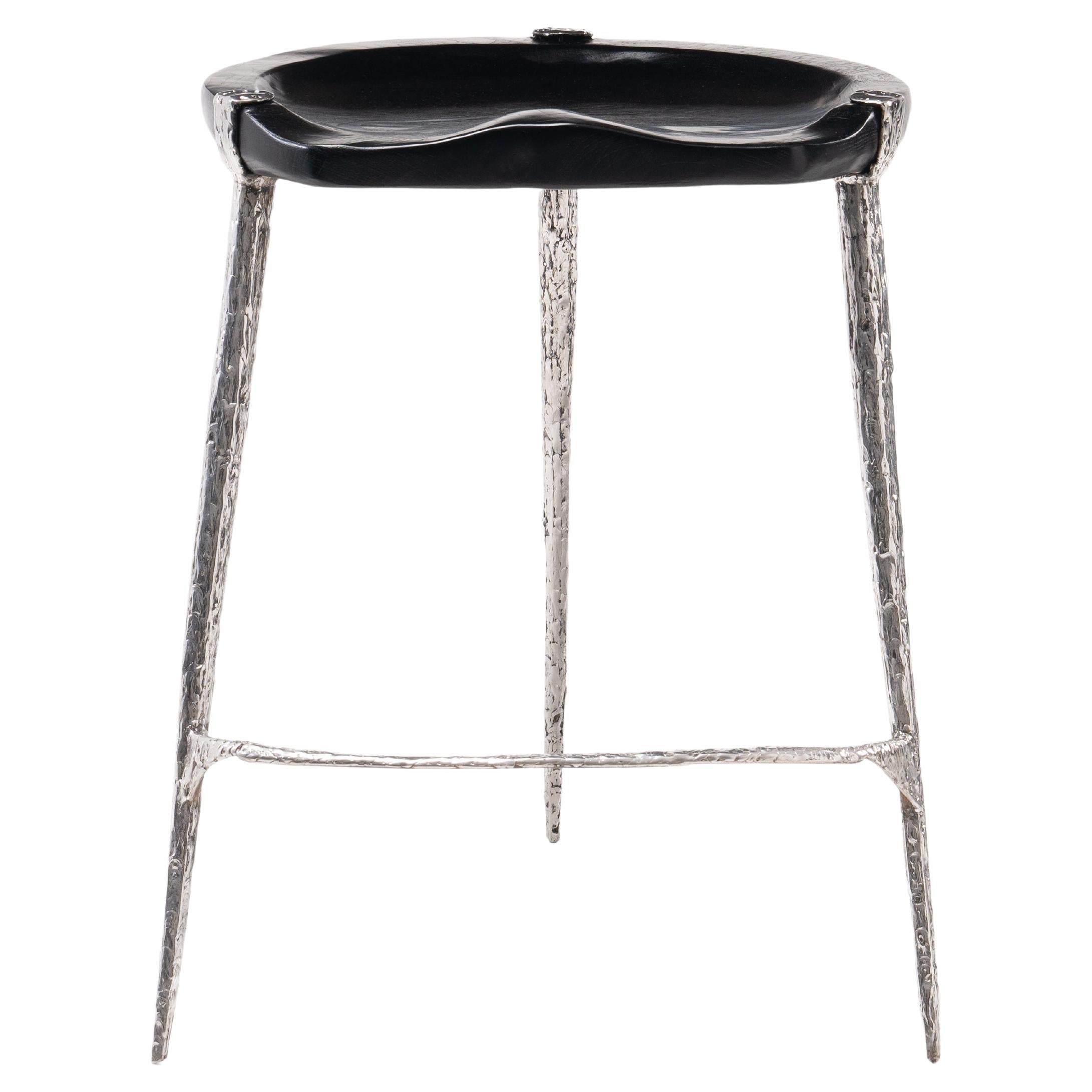 Après l'Eden • Tabouret de comptoir en teck oxydé et acier inoxydable par Odditi