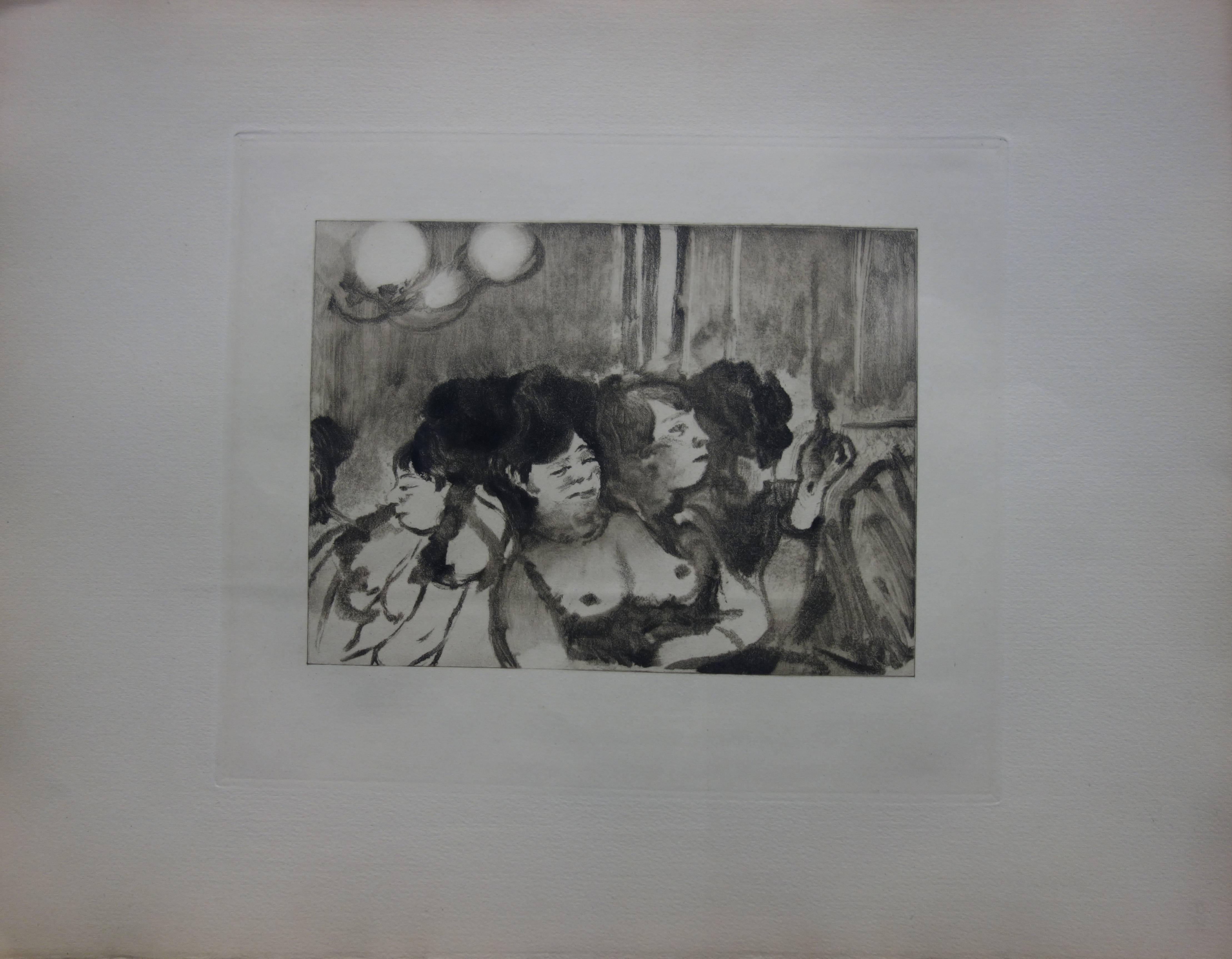 Whorehouse Scene : A Group of Prostitutes  - Original etching - Print by (after) Edgar Degas