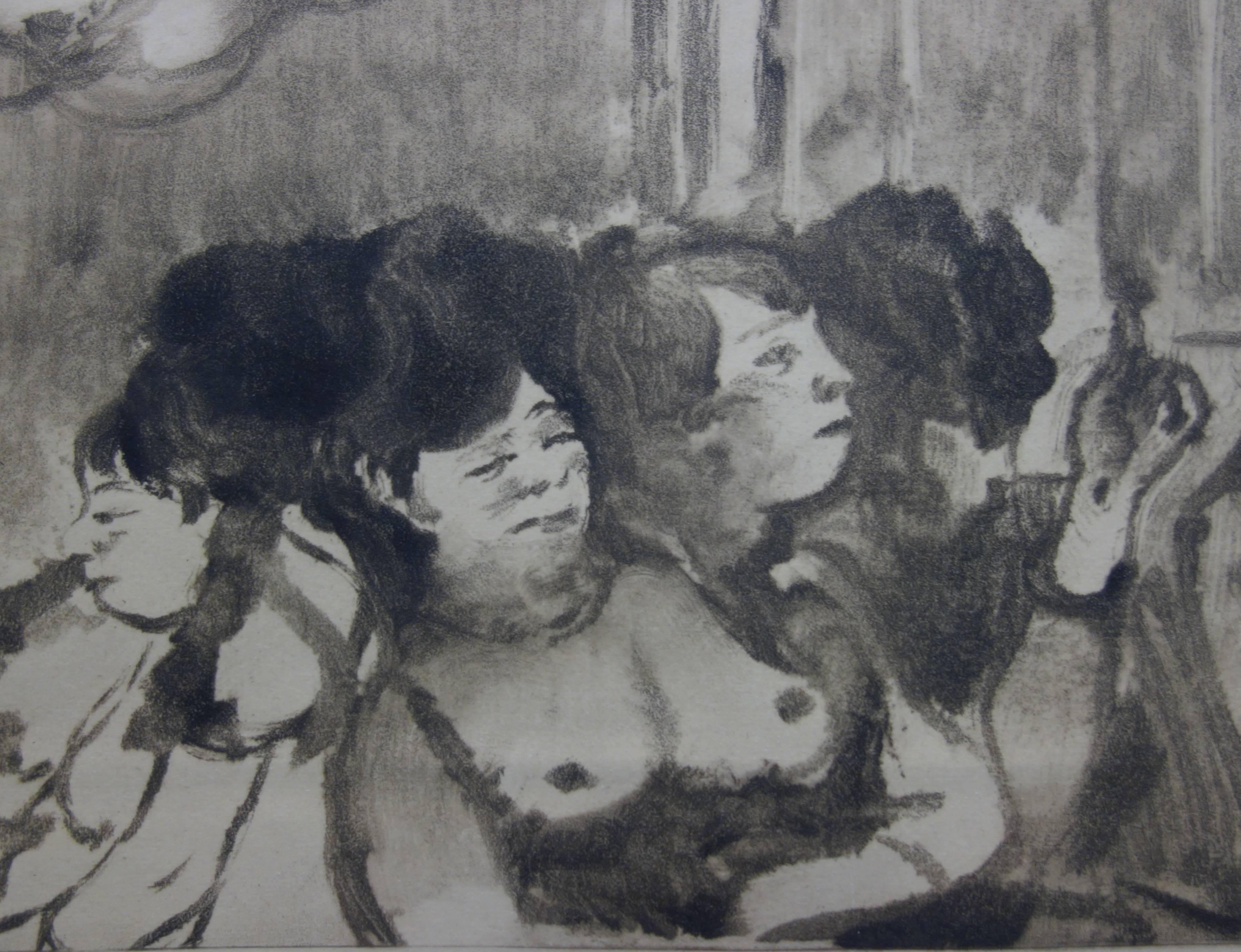 Escena de prostíbulo : Un grupo de prostitutas  - Grabado original - Figurative Print Gris de (after) Edgar Degas