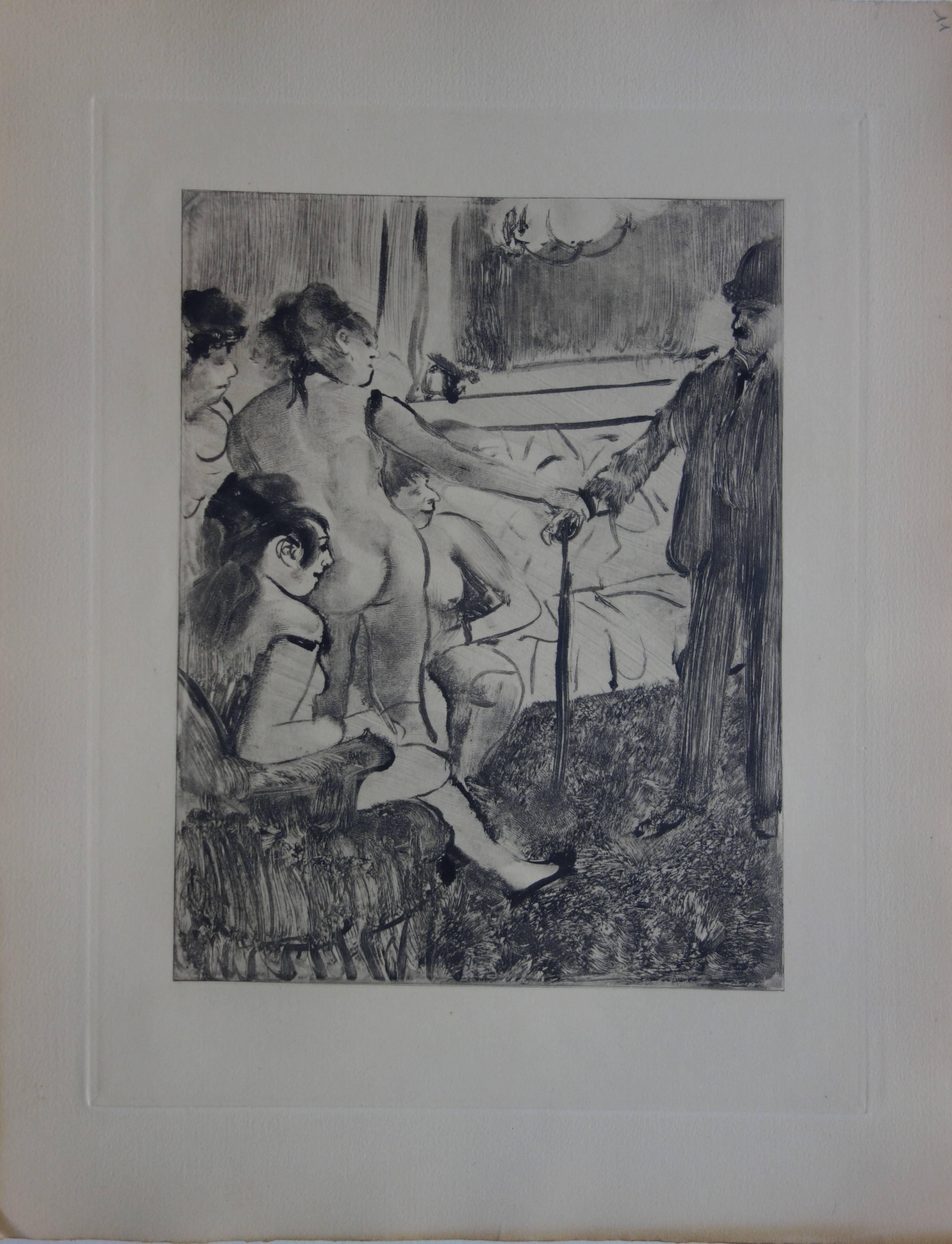 Escena de prostíbulo : Un cliente tímido - Grabado original - Print de (after) Edgar Degas