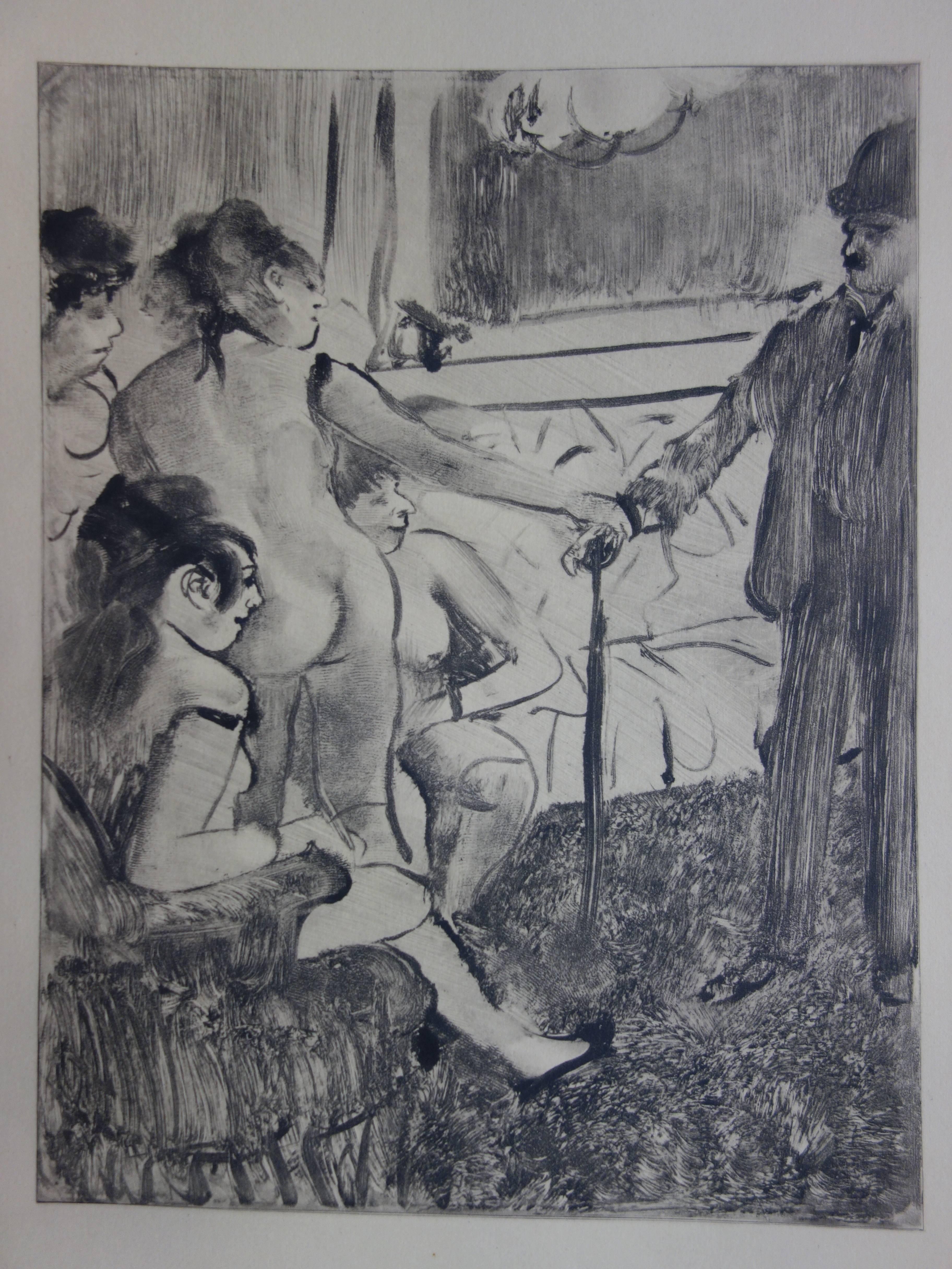 Escena de prostíbulo : Un cliente tímido - Grabado original - Print Moderno de (after) Edgar Degas
