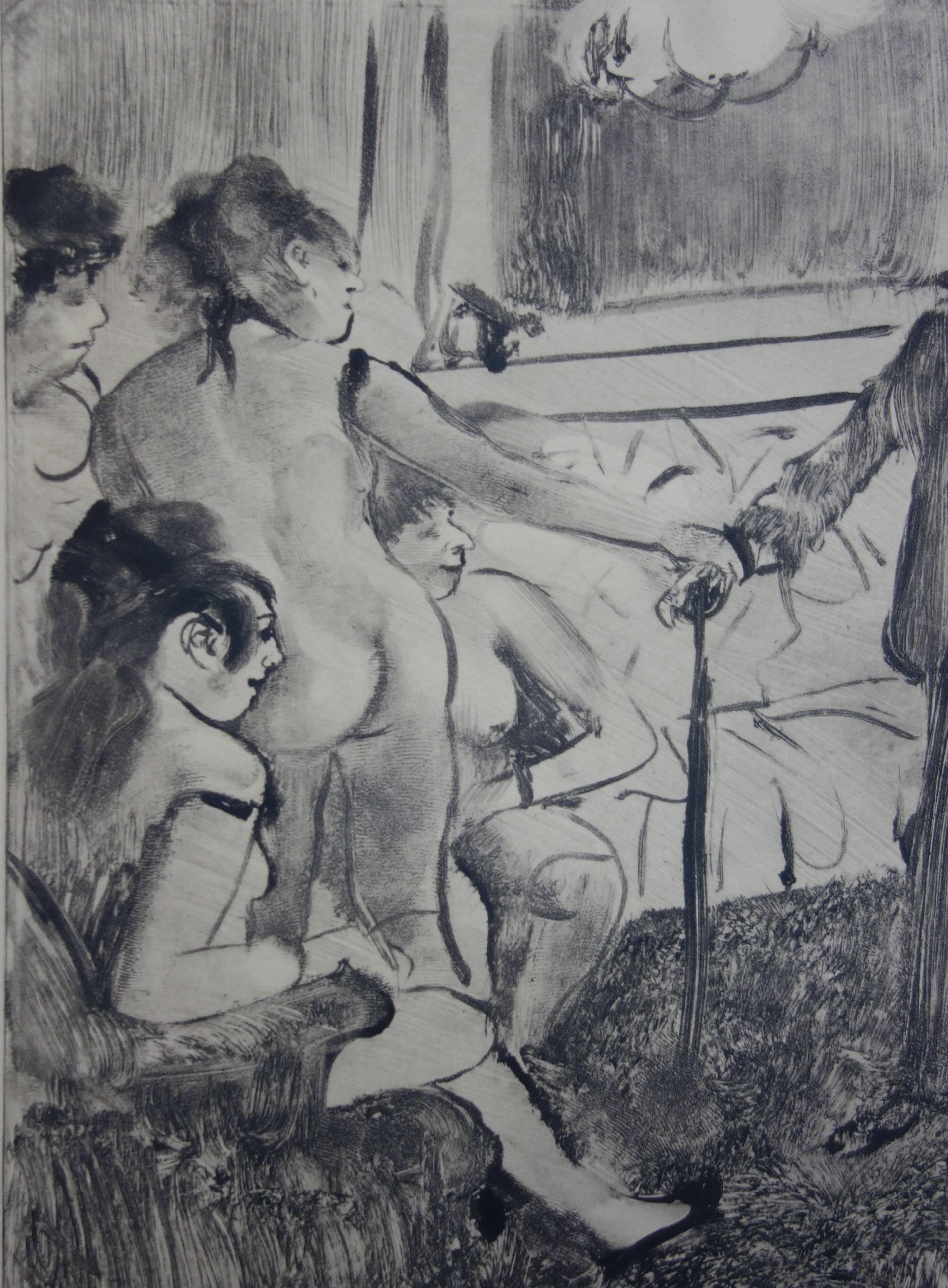 Escena de prostíbulo : Un cliente tímido - Grabado original - Figurative Print Gris de (after) Edgar Degas