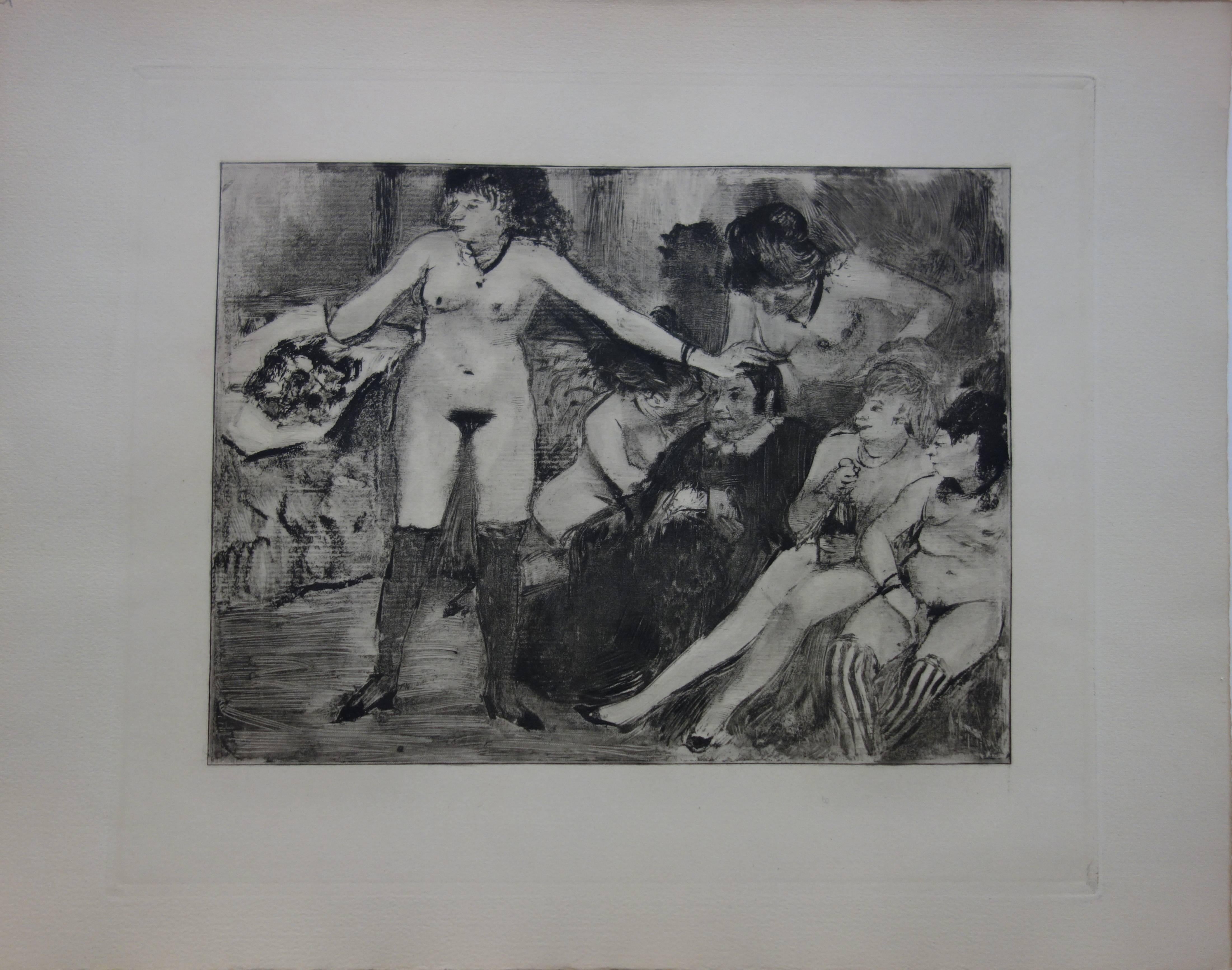 Whorehouse Scene : Celebration for Madam Mother - etching - Print by (after) Edgar Degas