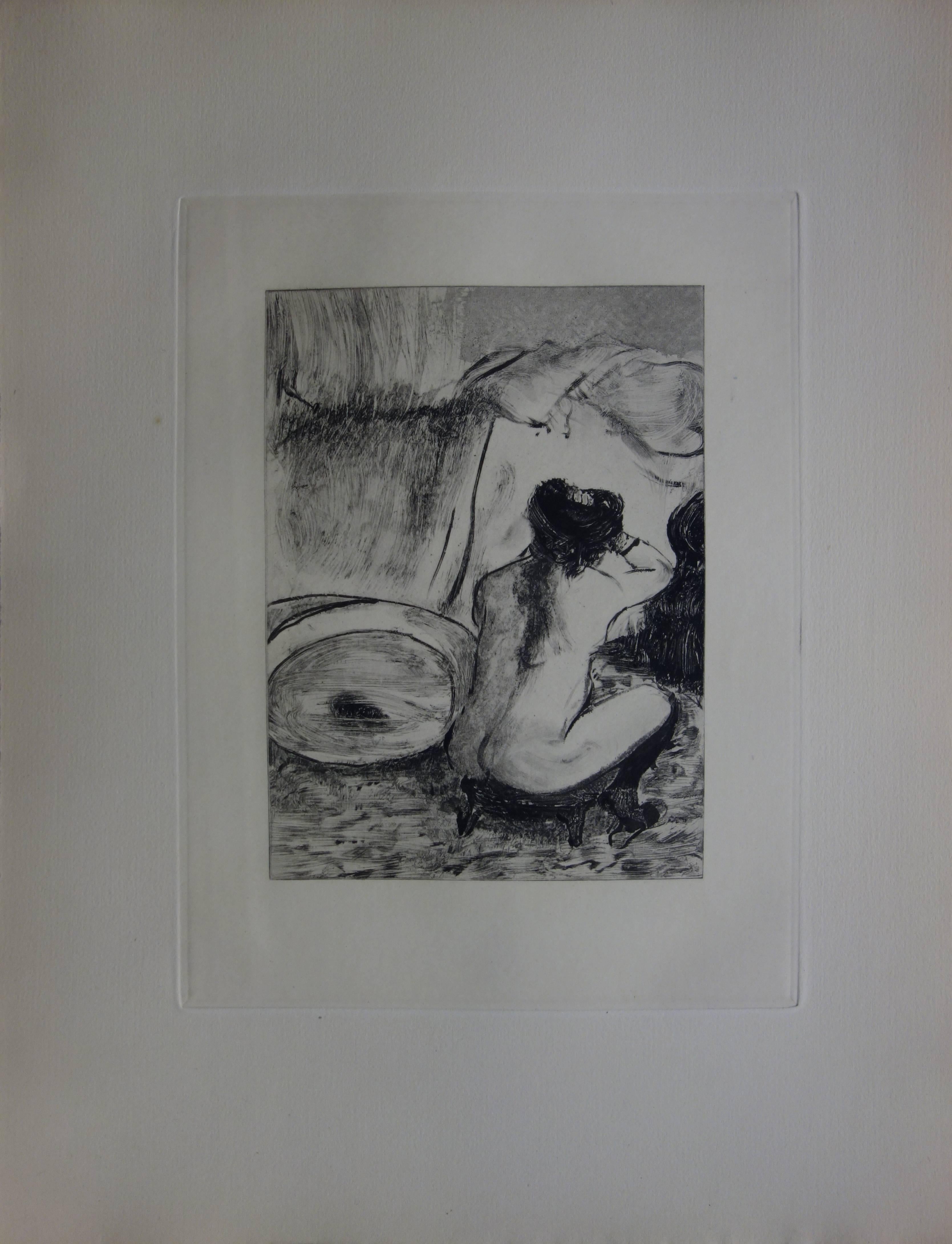 « Whorehouse Scene : Prostitute Dressing her Hair » (Scène de serre : Femme portant ses cheveux), gravure originale - Print de (after) Edgar Degas