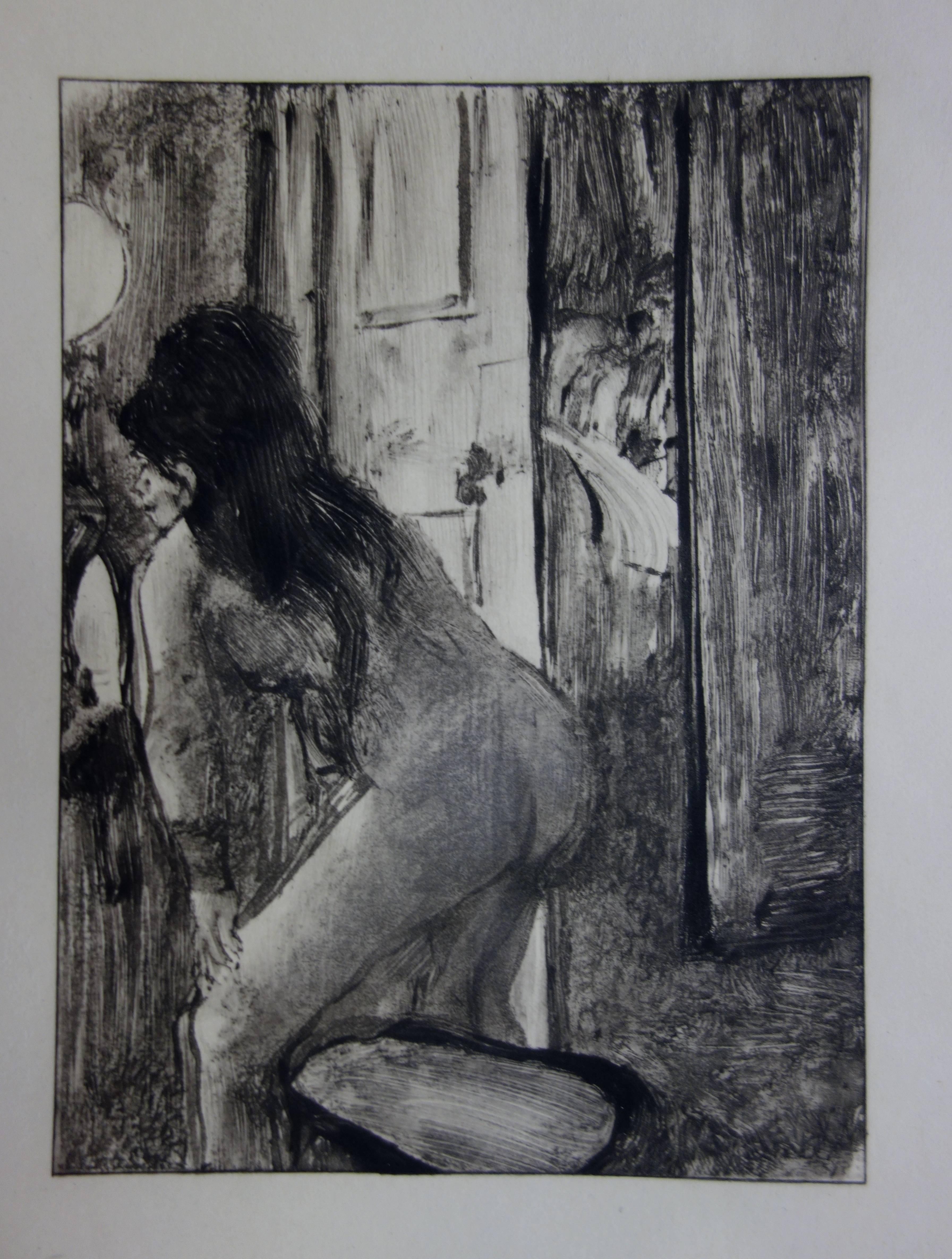 (after) Edgar Degas Figurative Print - Whorehouse Scene : Prostitute in the Dressing Room - etching