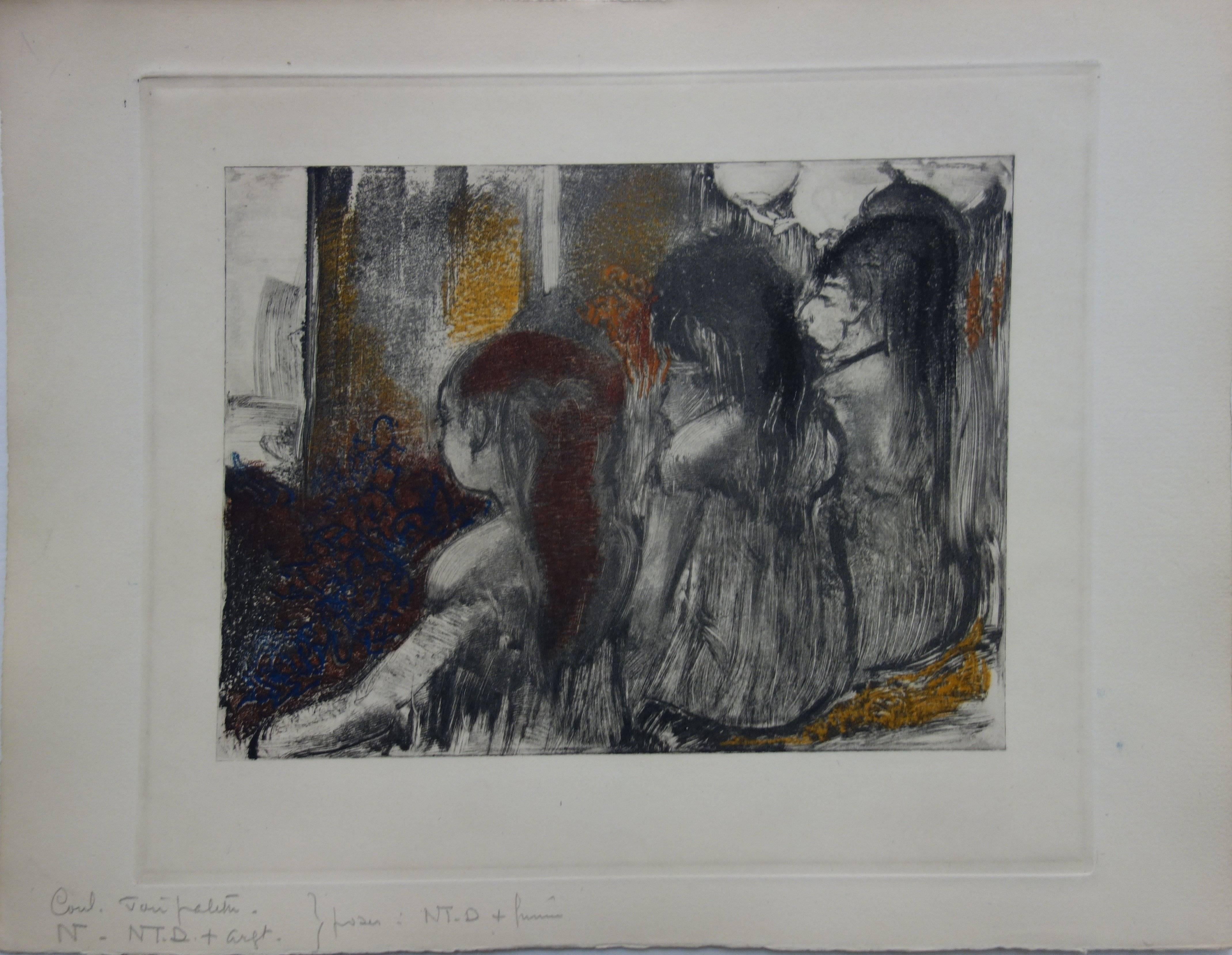 Whorehouse Scene : Prostitutes in Nightie - Original etching - Print by (after) Edgar Degas